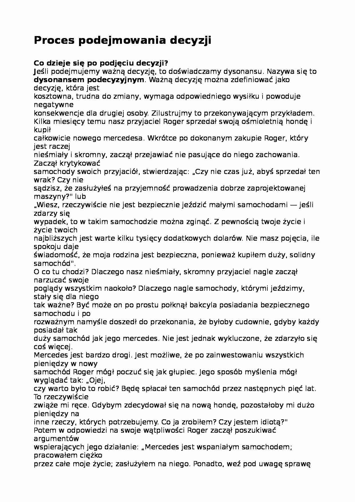 Proces podejmowania decyzji -dysonans podecyzyjny - strona 1
