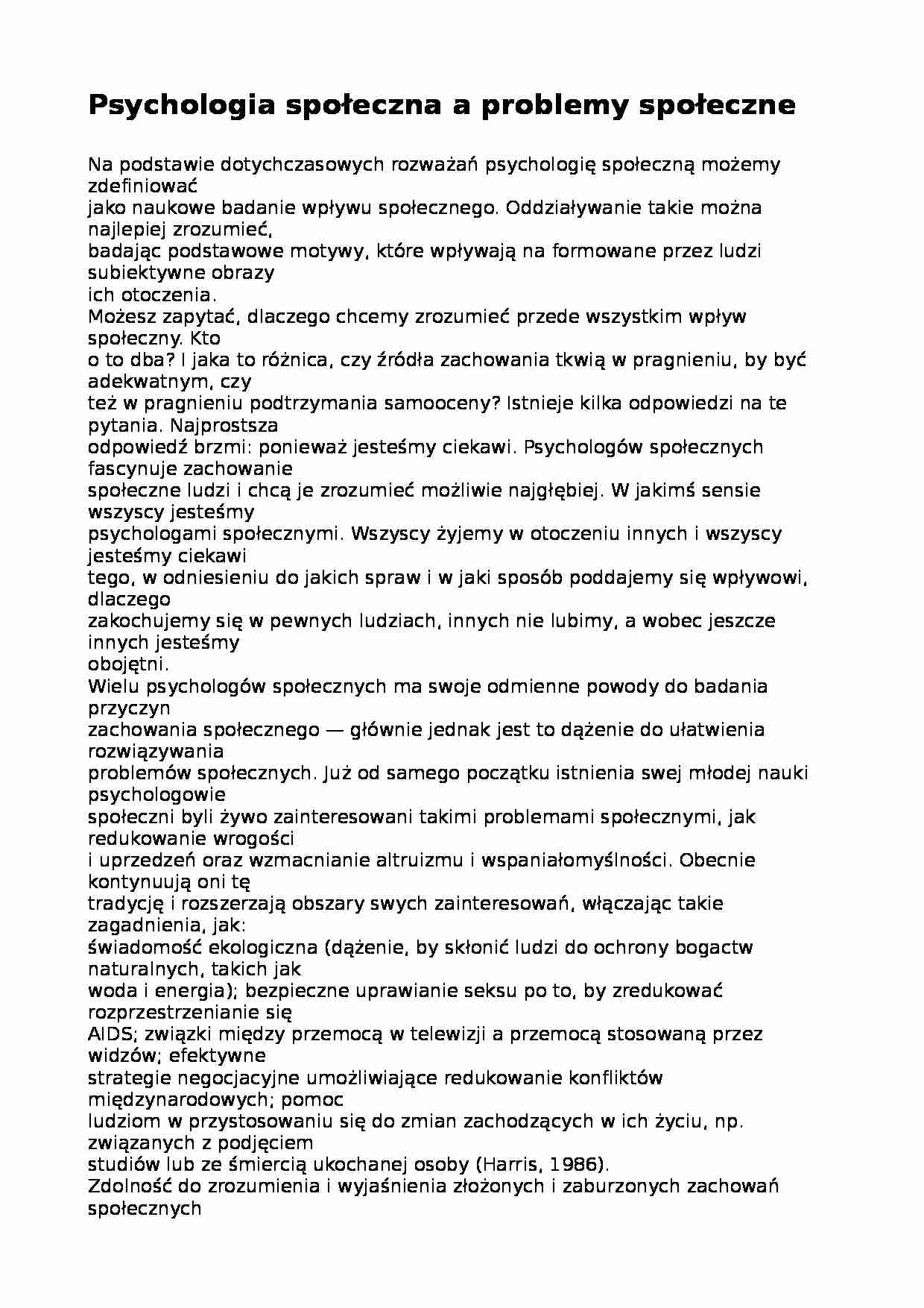 Psychologia społeczna a problemy społeczne - wykład - strona 1