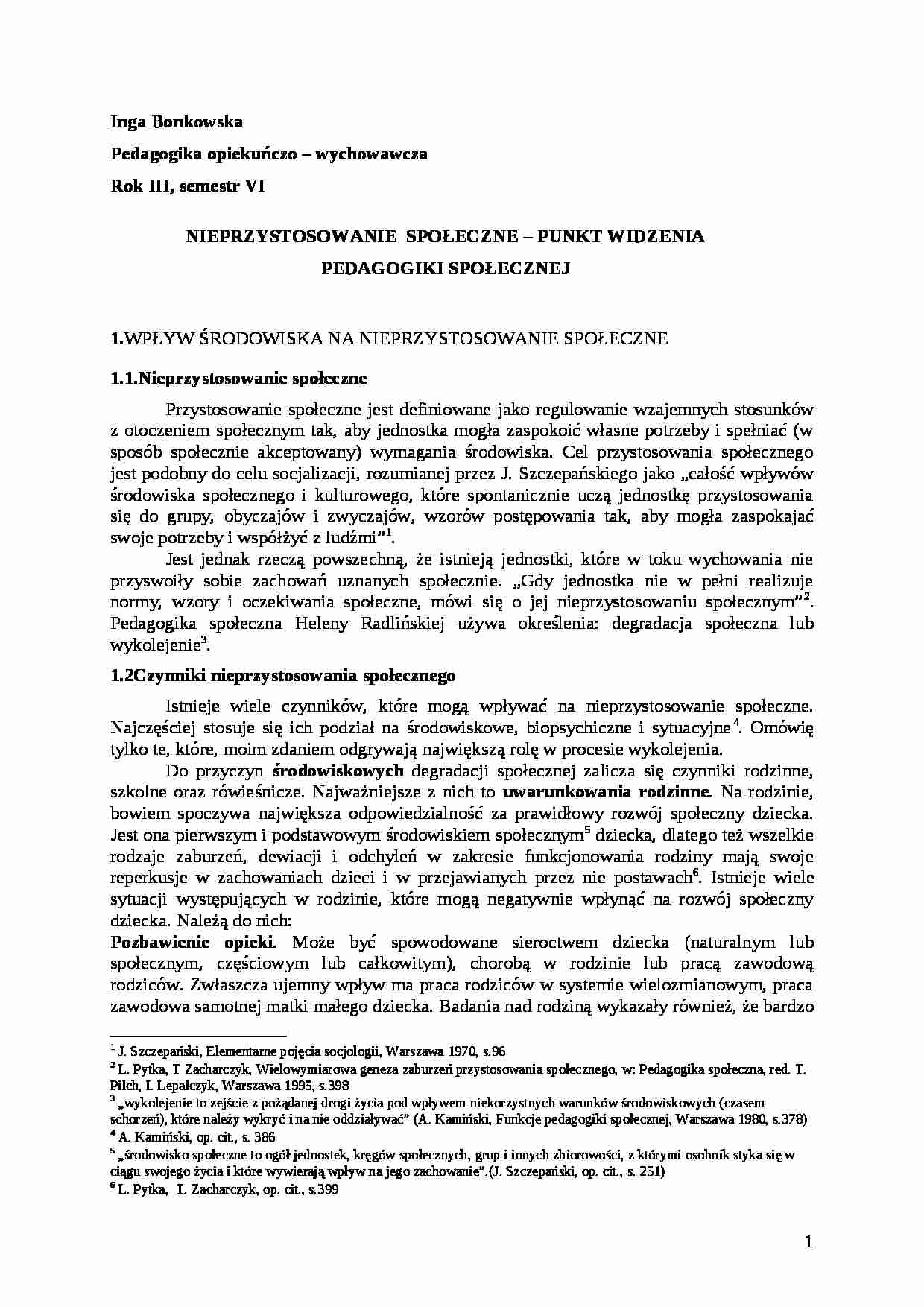 NIEPRZYSTOSOWANIE  SPOŁECZNE ? PUNKT WIDZENIA PEDAGOGIKI SPOŁECZNEJ- pedagogika - strona 1