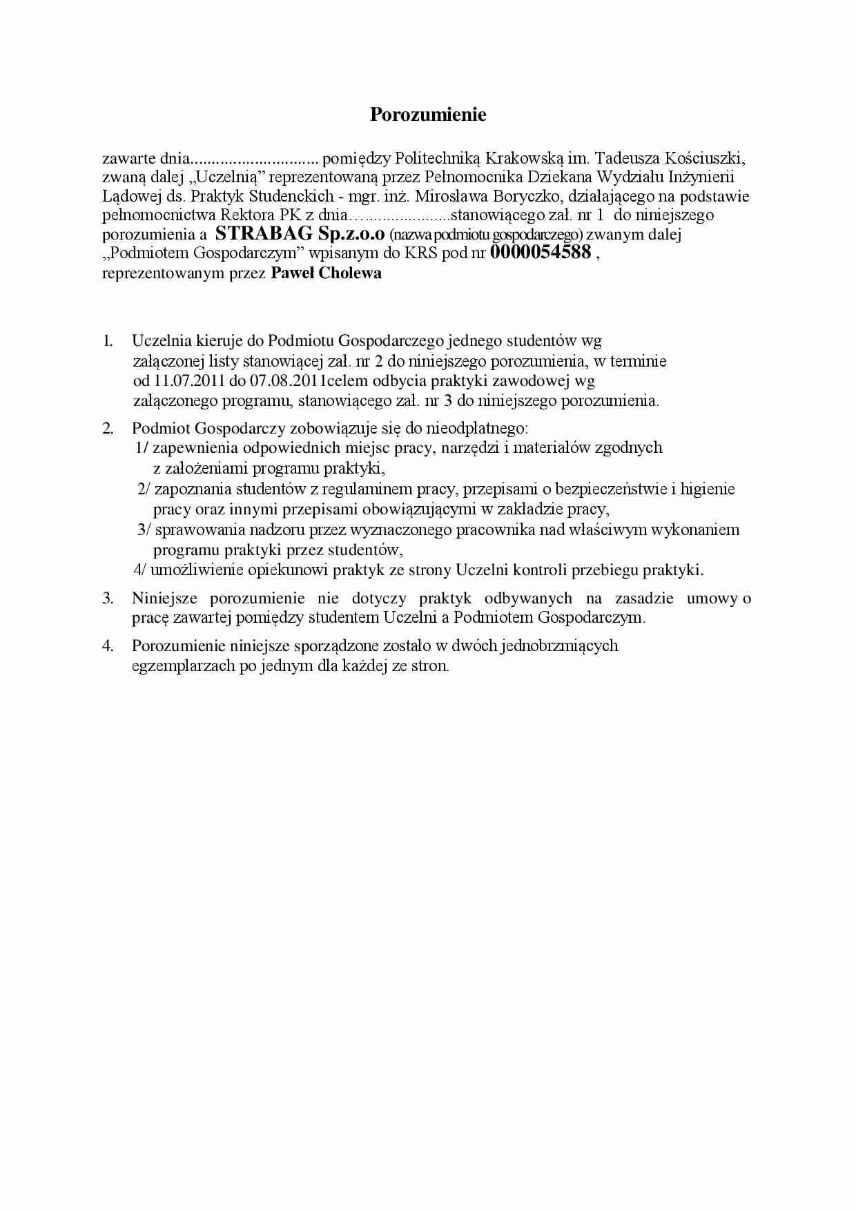Porozumienie pomiędzy Politechniką Krakowską im. Tadeusza Kościuszki - strona 1