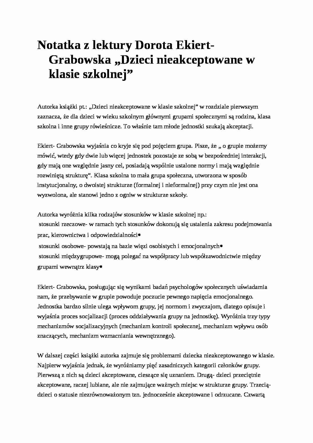 Notatka z lektury - Dzieci nieakceptowane w klasie szkolnej- pedagogika - strona 1