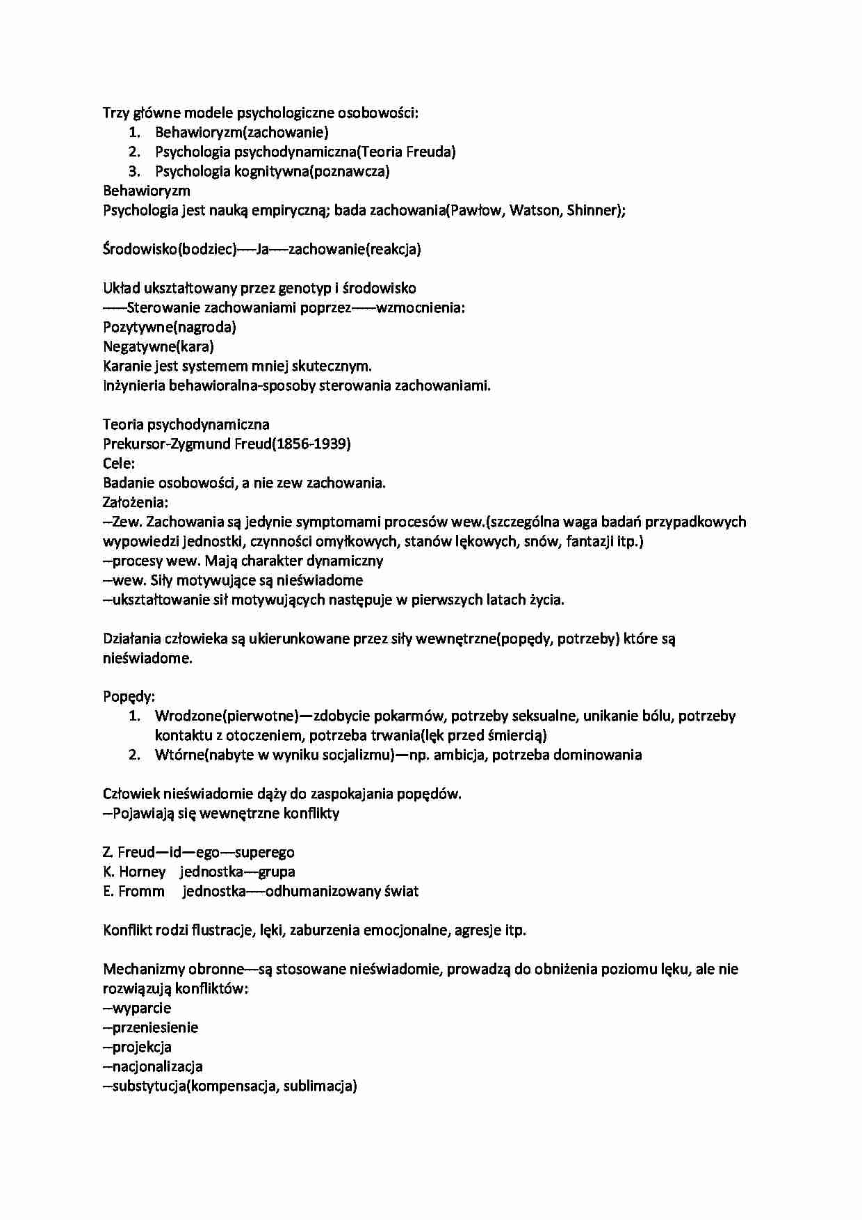Trzy główne modele psychologiczne osobowości - opracowanie  - strona 1