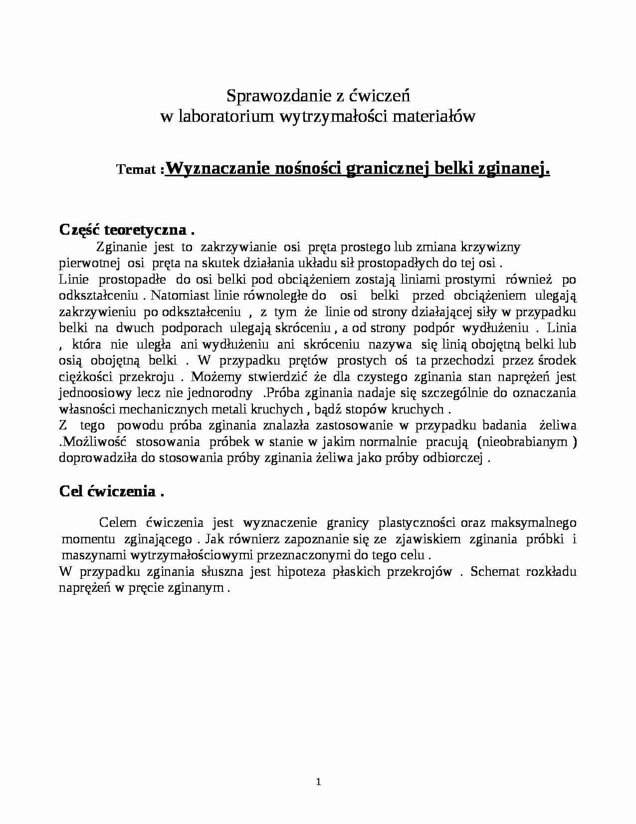 Wyznaczanie nośności granicznej belki zginanej - sprawozdanie - strona 1