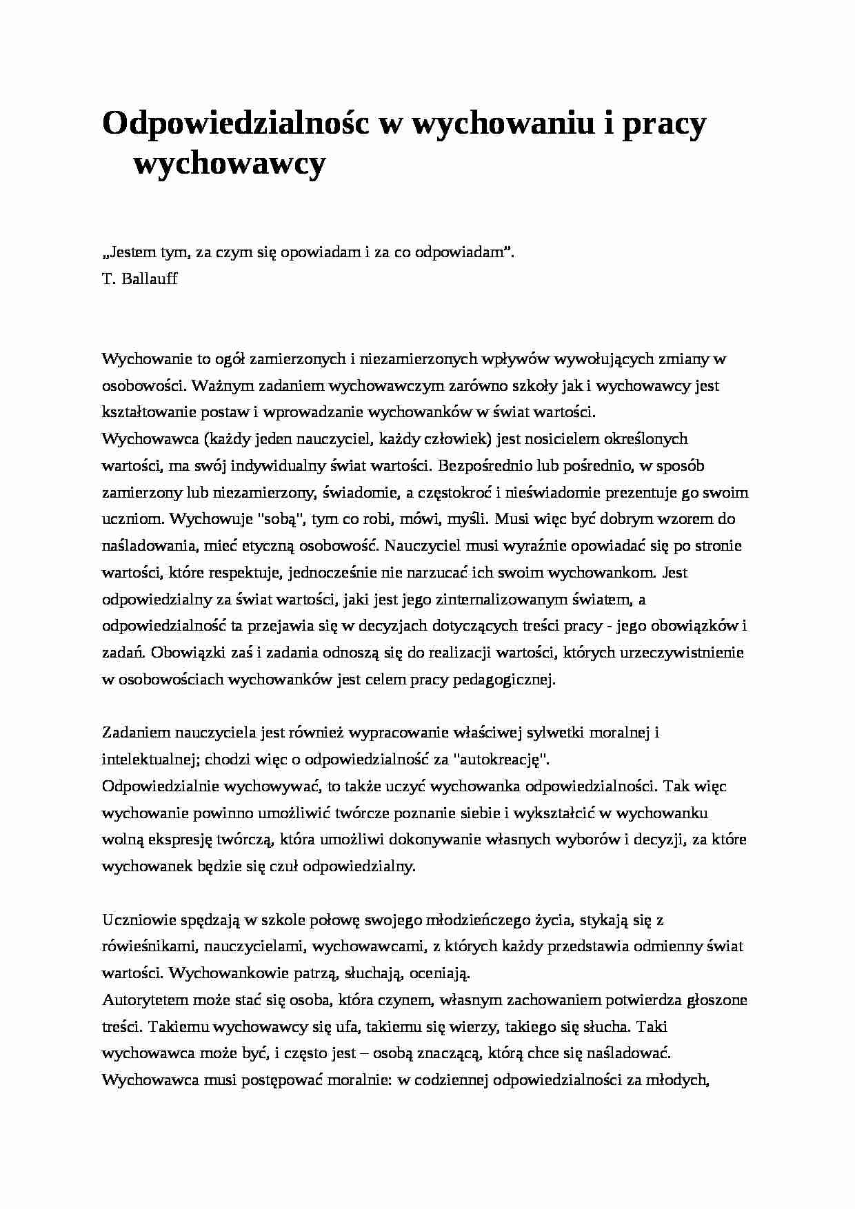 Odpowiedzialność w wychowaniu i pracy- pedagogika - strona 1