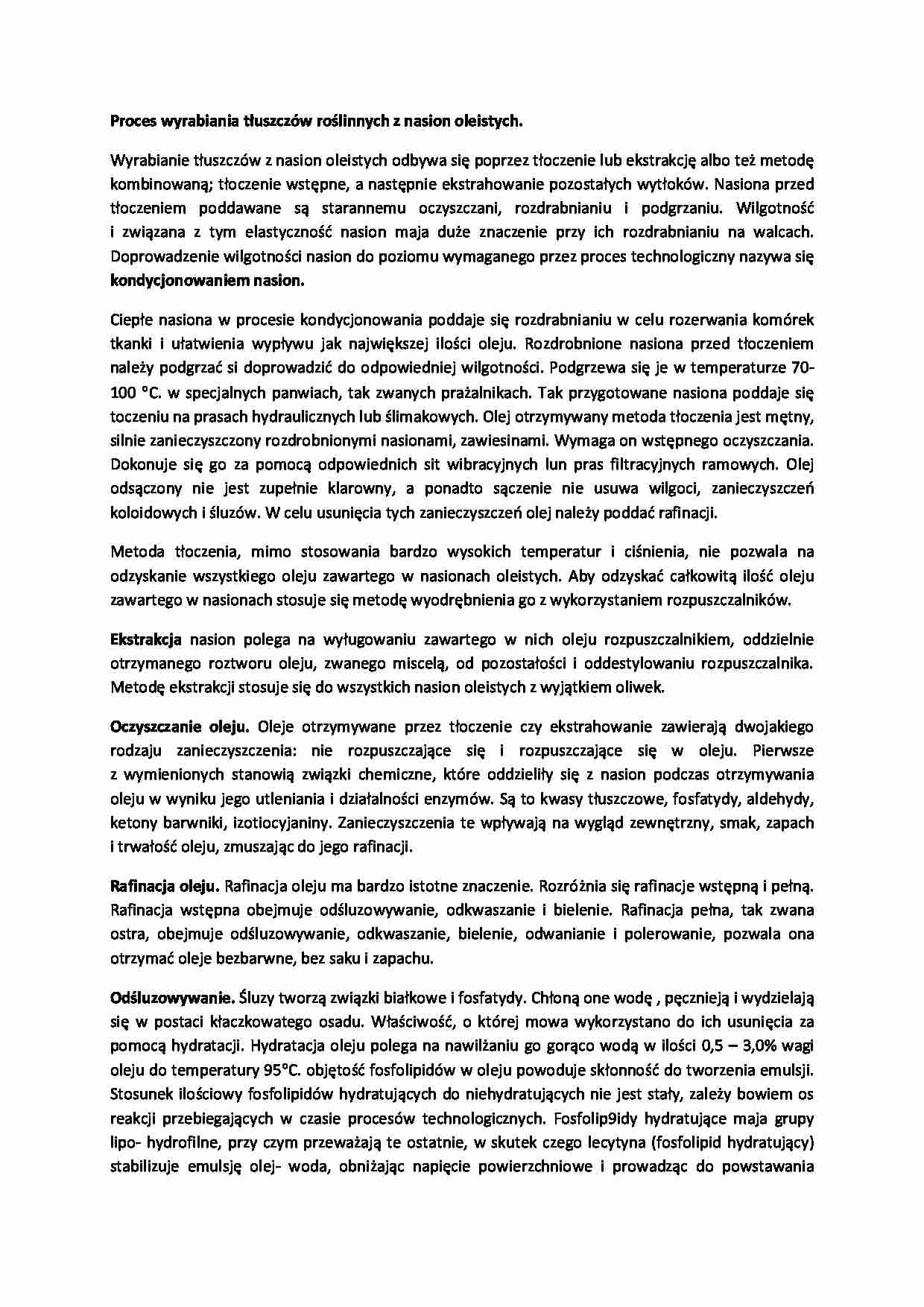 Proces wyrabiania tłuszczów roślinnych - wykład - strona 1