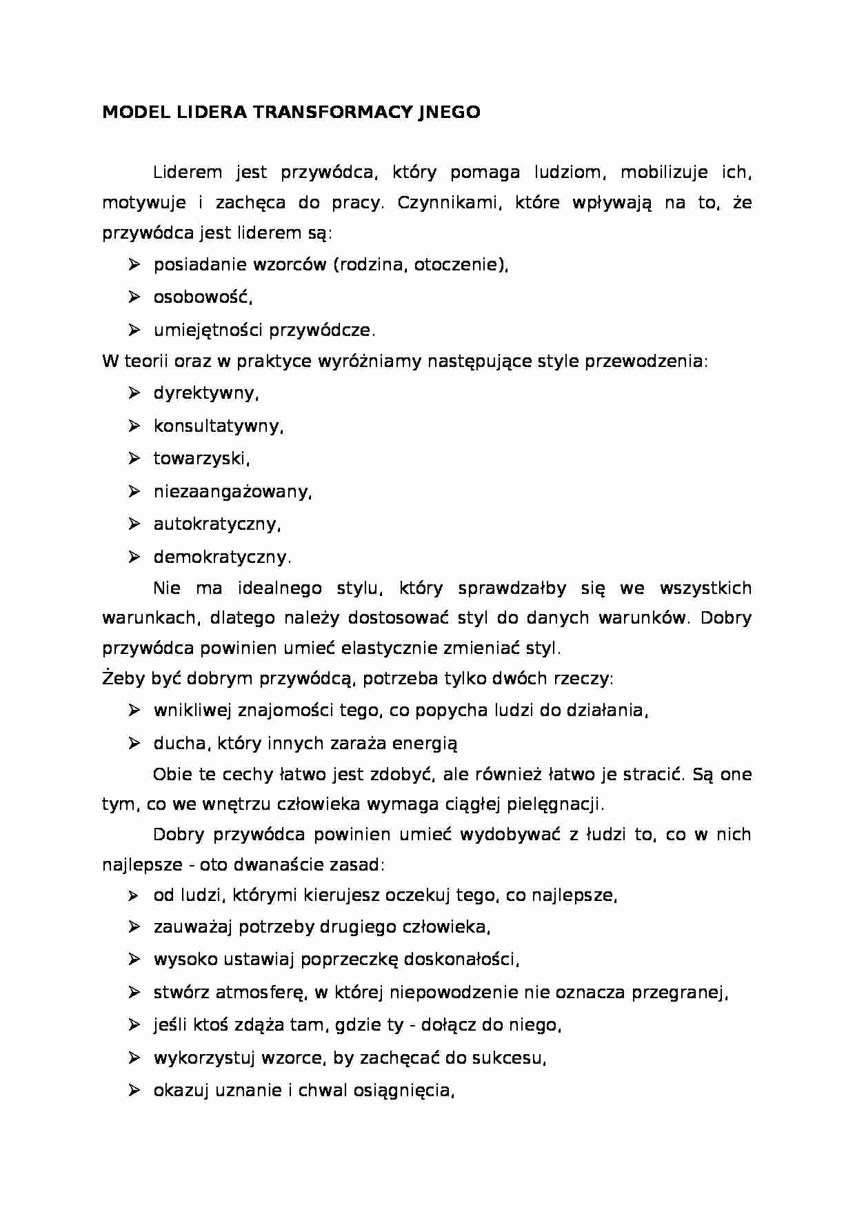 Kultura menadżerska - lider transformacyjny, omówienie - strona 1