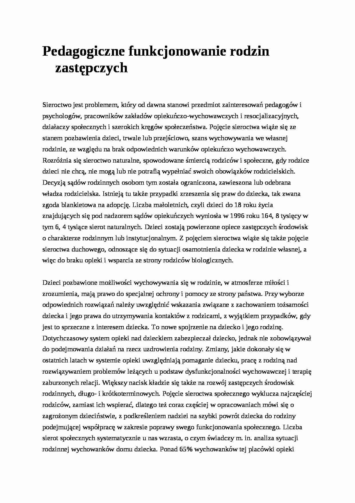 Pedagogiczne funkcjonowanie rodzin zastepczych- pedagogika - strona 1