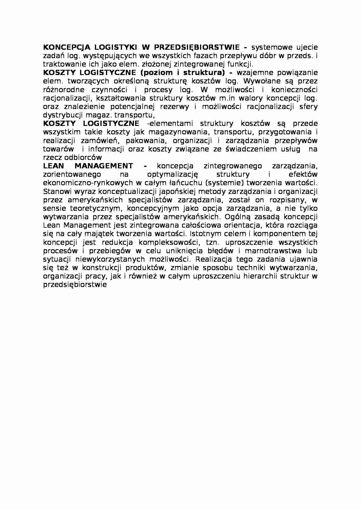 koncepcja logistyki , omówienie - strona 1