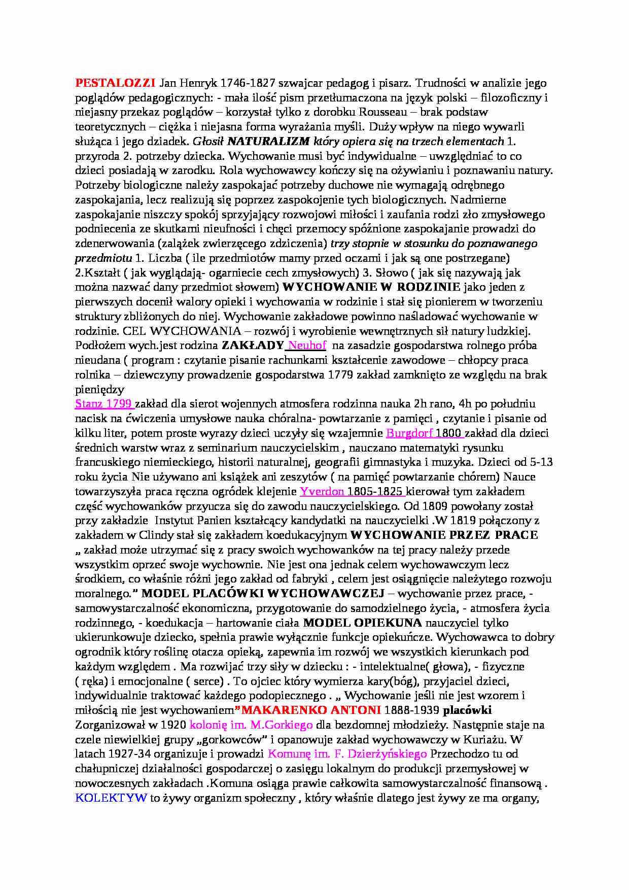 PESTALOZZI Jan Henryk- pedagogika - strona 1