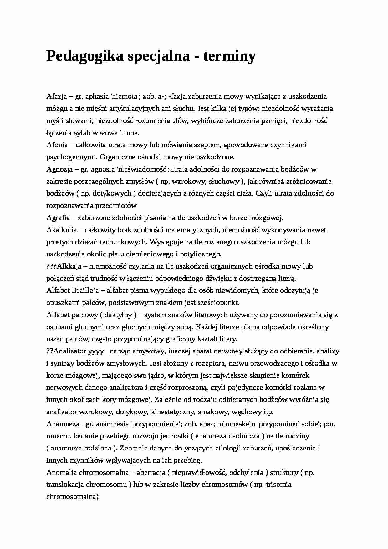 Pedagogika specjalna - terminy- pedagogika - strona 1