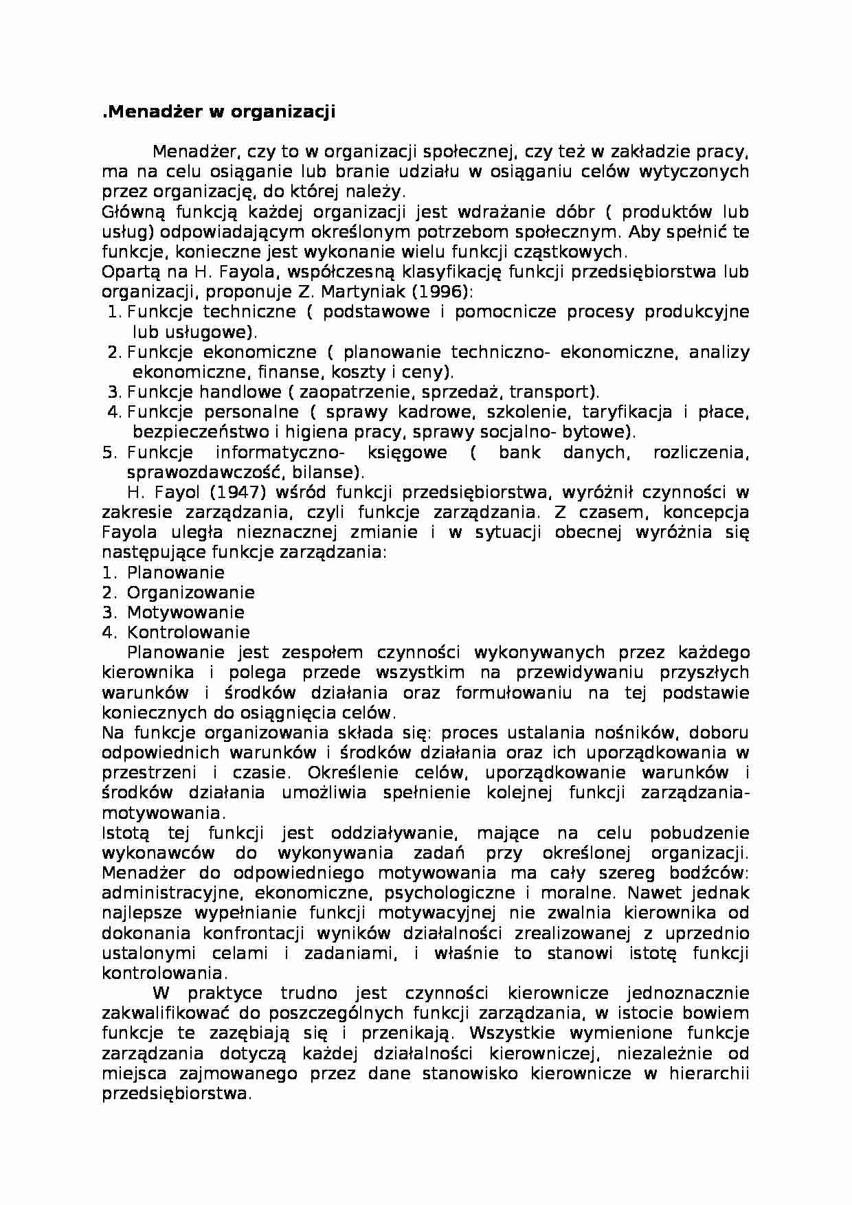 Menadżer w organizacji - omówienie. - strona 1