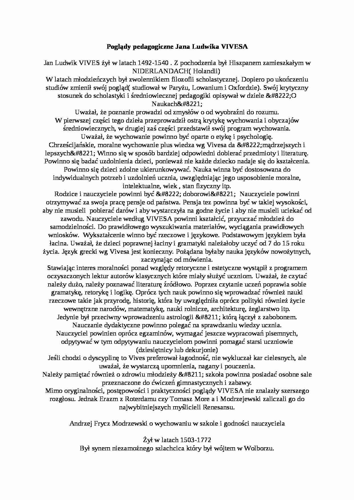 Poglądy pedagogiczne Jana Ludwika VIVESA- pedagogika - strona 1