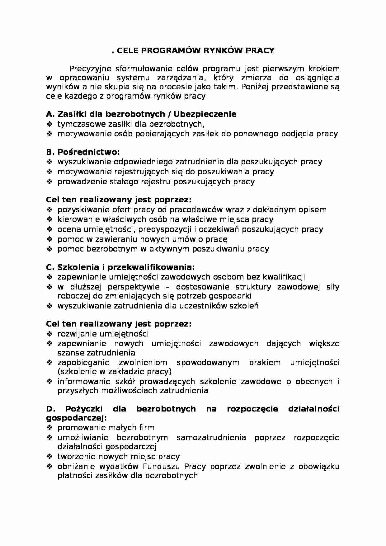 Cele programów rynków pracy   - omówienie. - strona 1