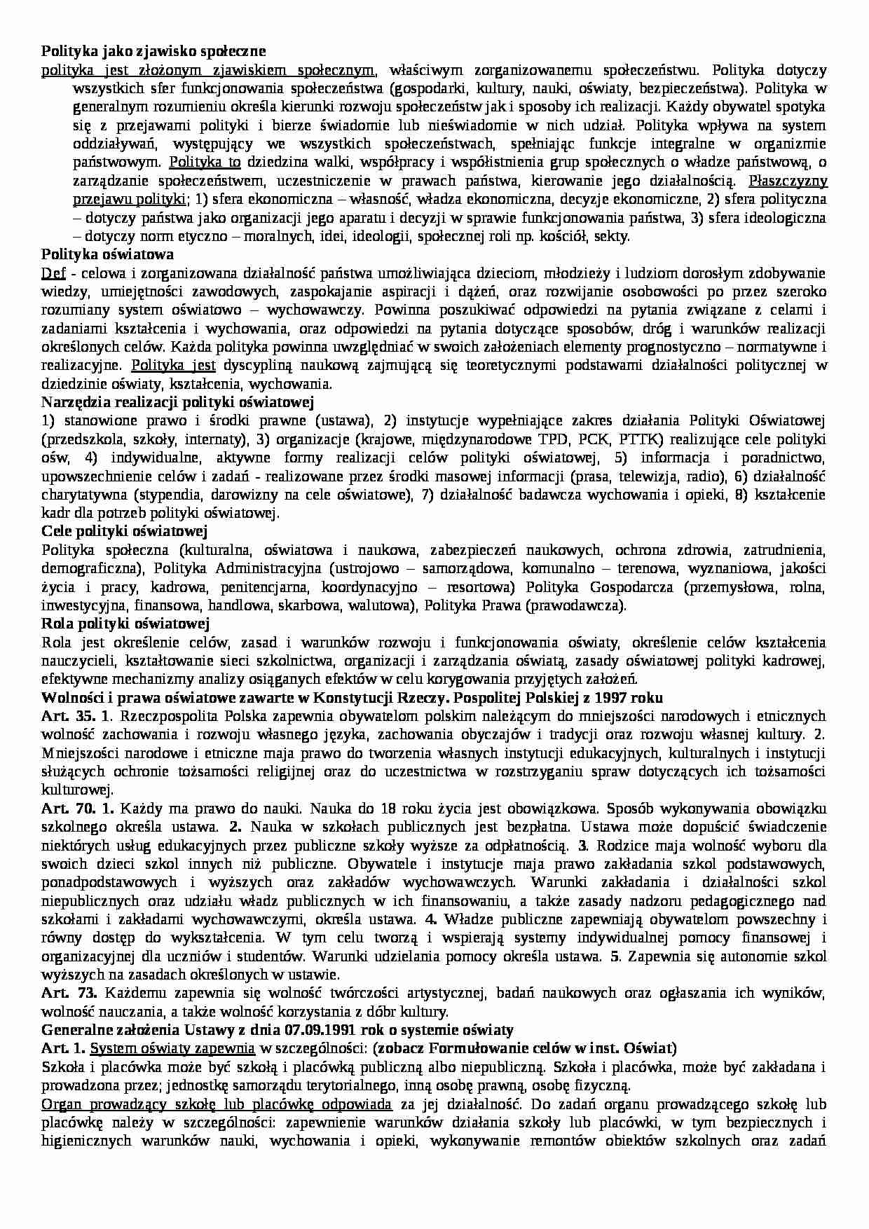 Polityka jako zjawisko społeczne- pedagogika - strona 1