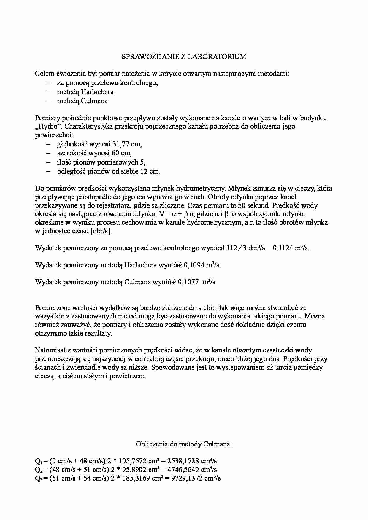 Pomiar natężenia w korycie otwartym - sprawozdanie - strona 1