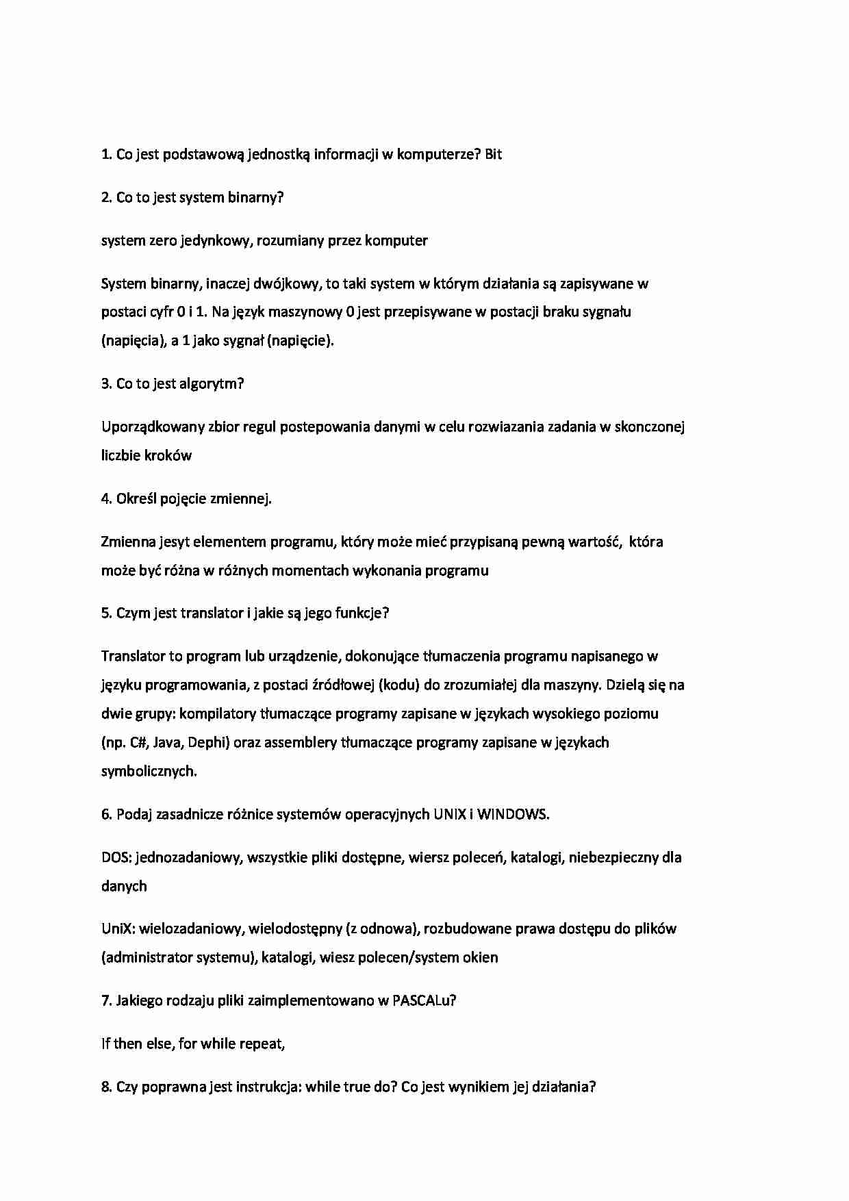 Podstawy informatyki - pytania na zaliczenie wykładu - strona 1