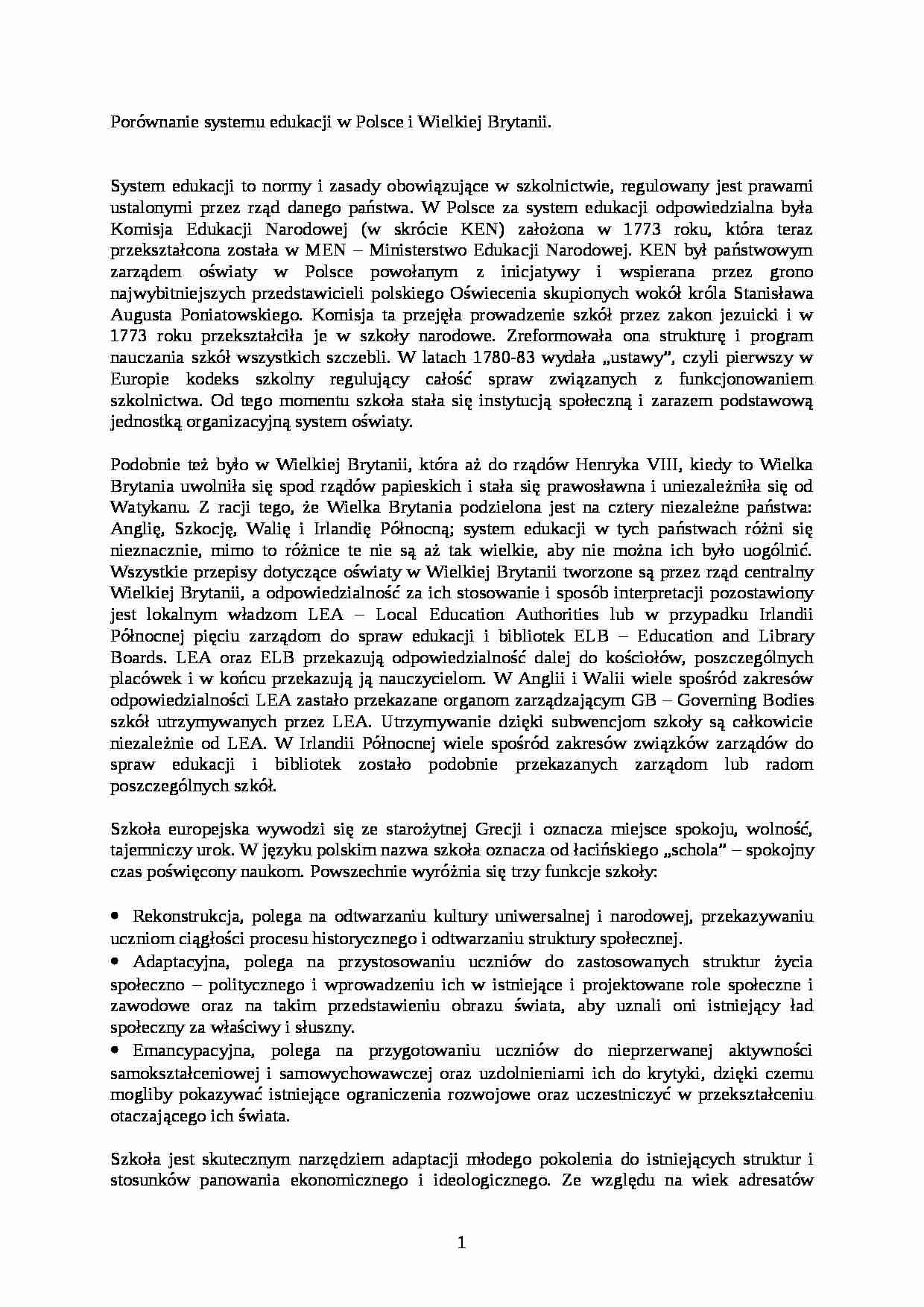 Porównanie systemu edukacji w Polsce i Wielkiej Brytanii- pedagogika - strona 1