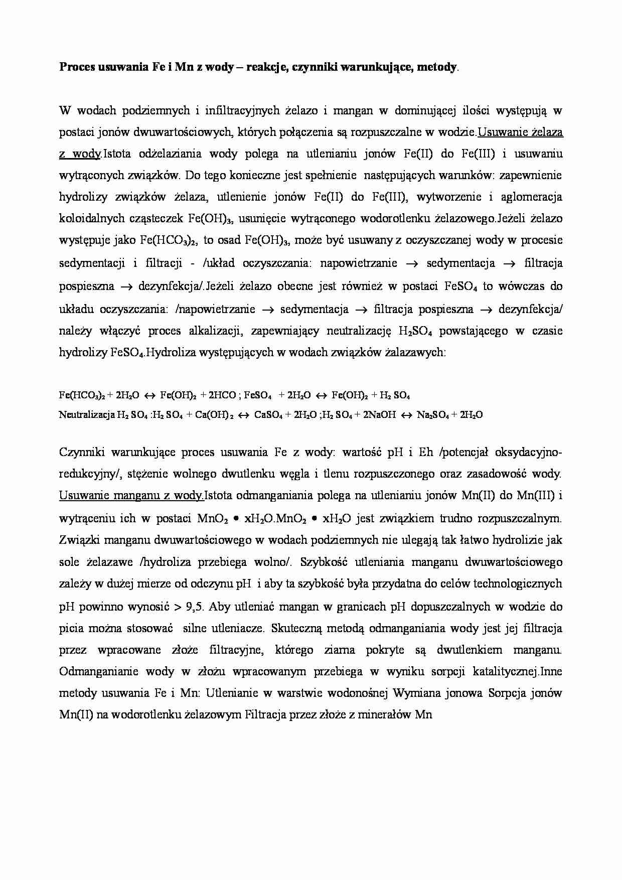 Proces usuwania Fe i Mn z wody - omówienie - strona 1