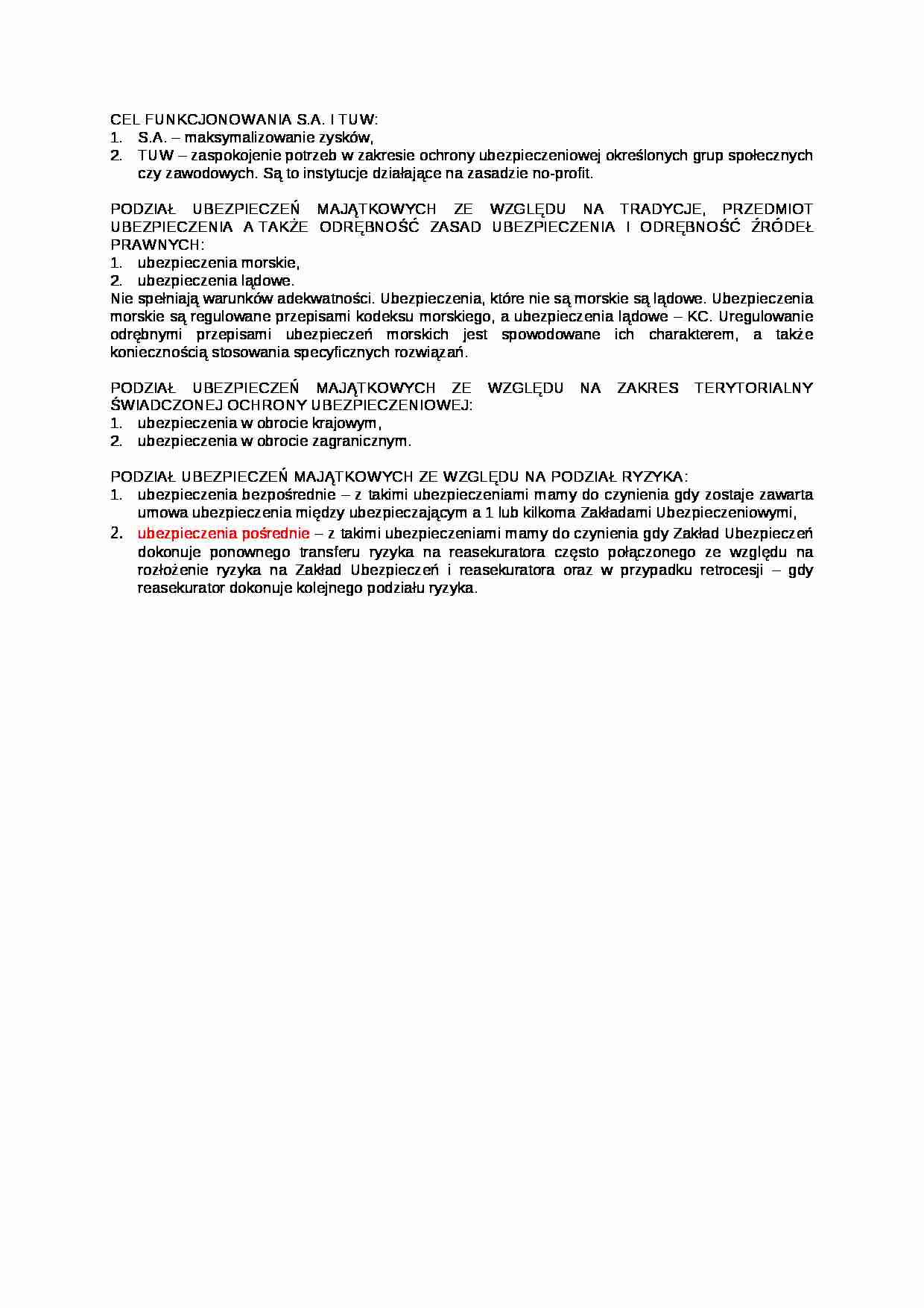 Cel funcjonowania S.A. i TUW - wykład - strona 1