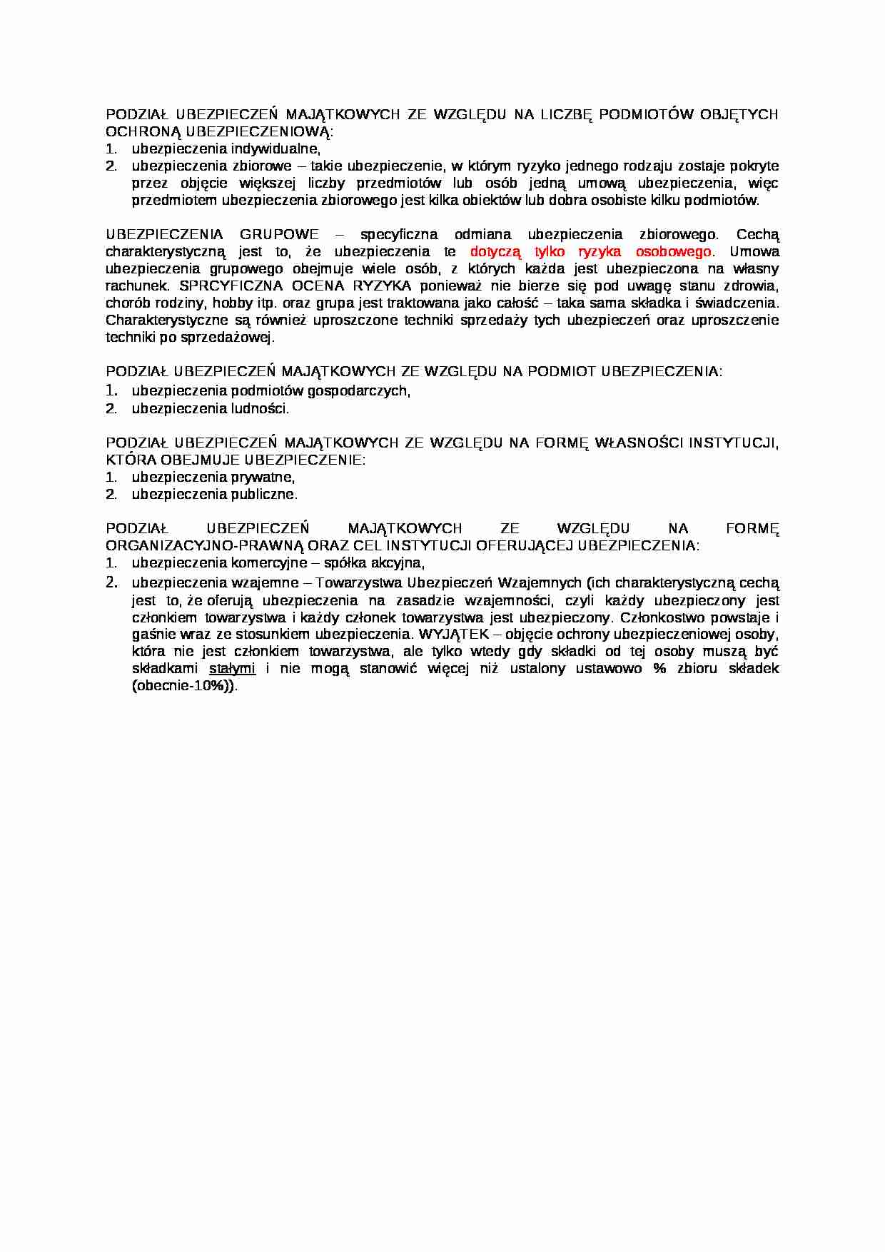 Wykład - podział ubezpieczeń majątkowych - strona 1