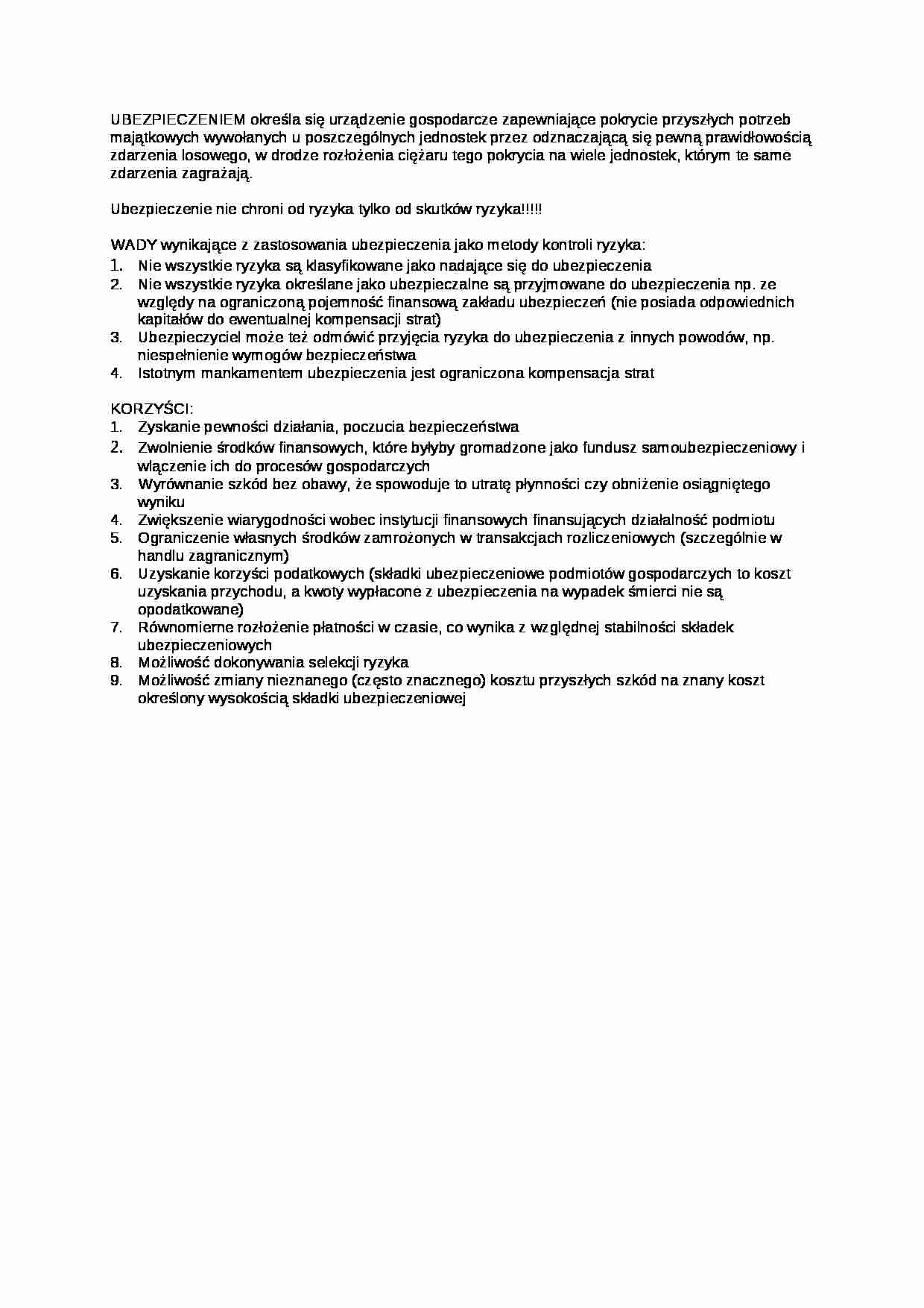 Definicja ubezpieczenia - wykład - strona 1
