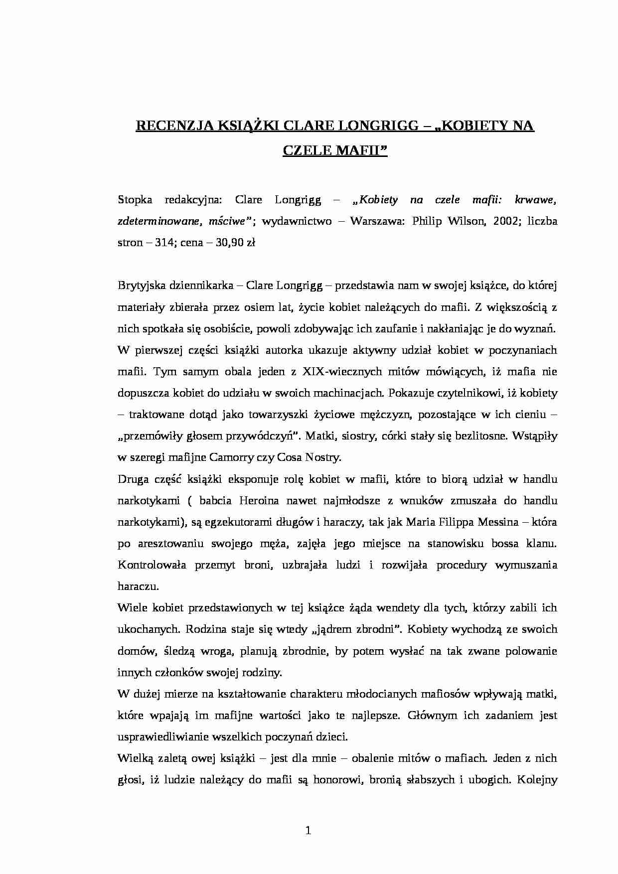 RECENZJA KSIĄŻKI CLARE LONGRIGG ? ?KOBIETY NA CZELE MAFII- pedagogika - strona 1