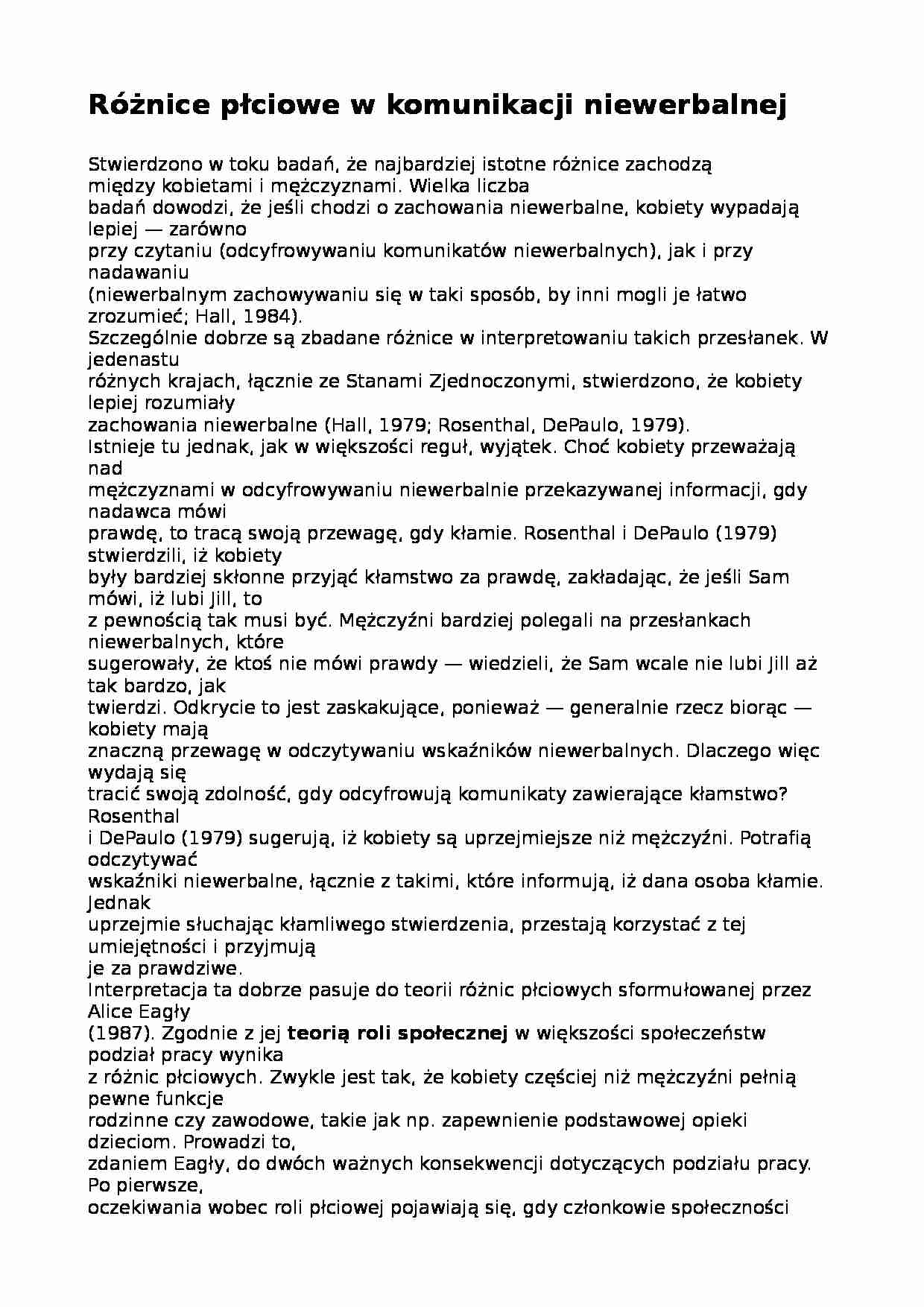 Różnice płciowe w komunikacji niewerbalnej - wykład - strona 1
