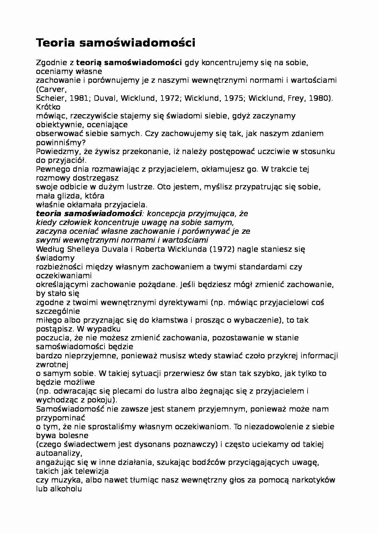 Teoria samoświadomości - opracowanie - strona 1