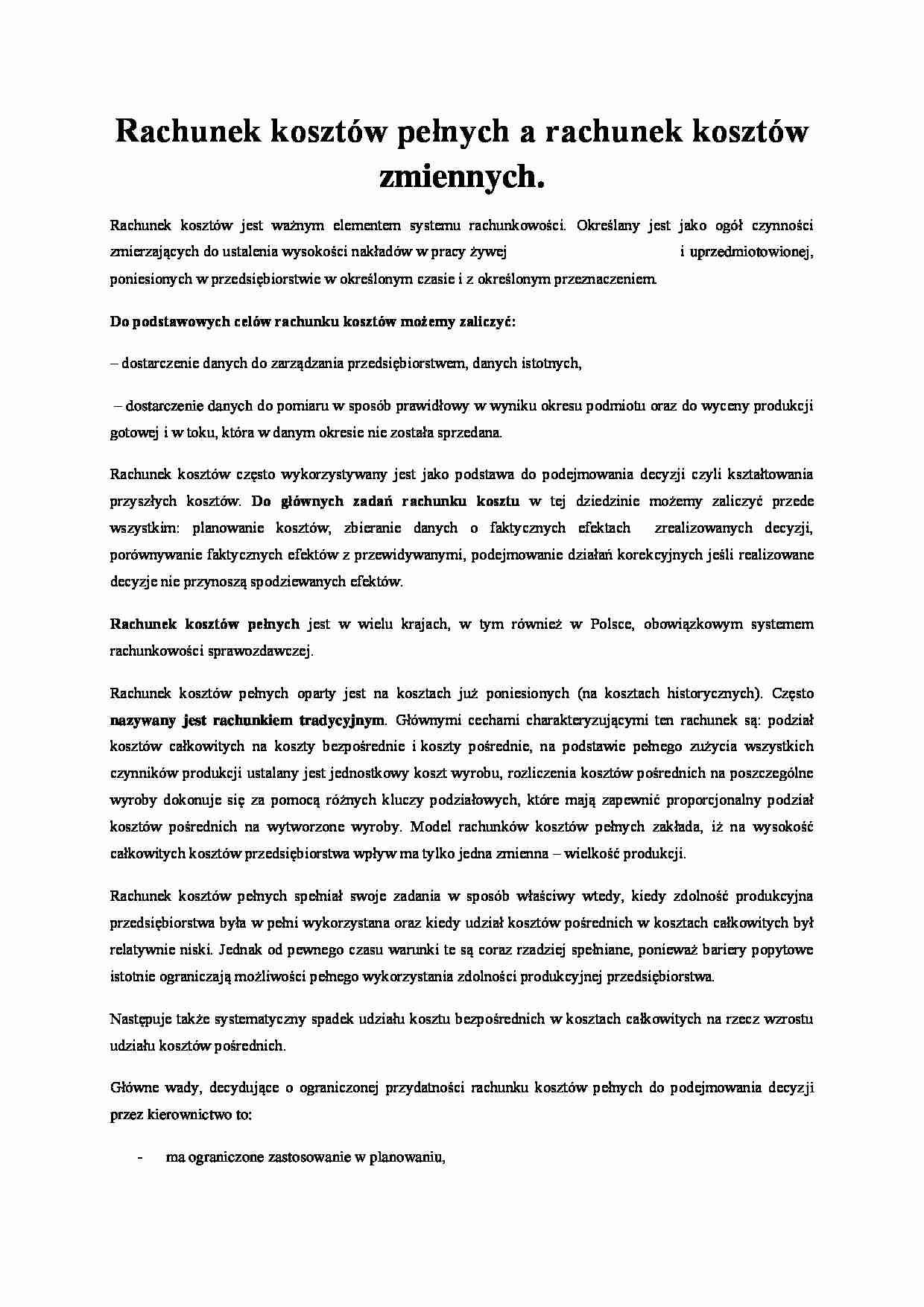 Rachunek kosztów pełnych i zmiennych - wykład - strona 1