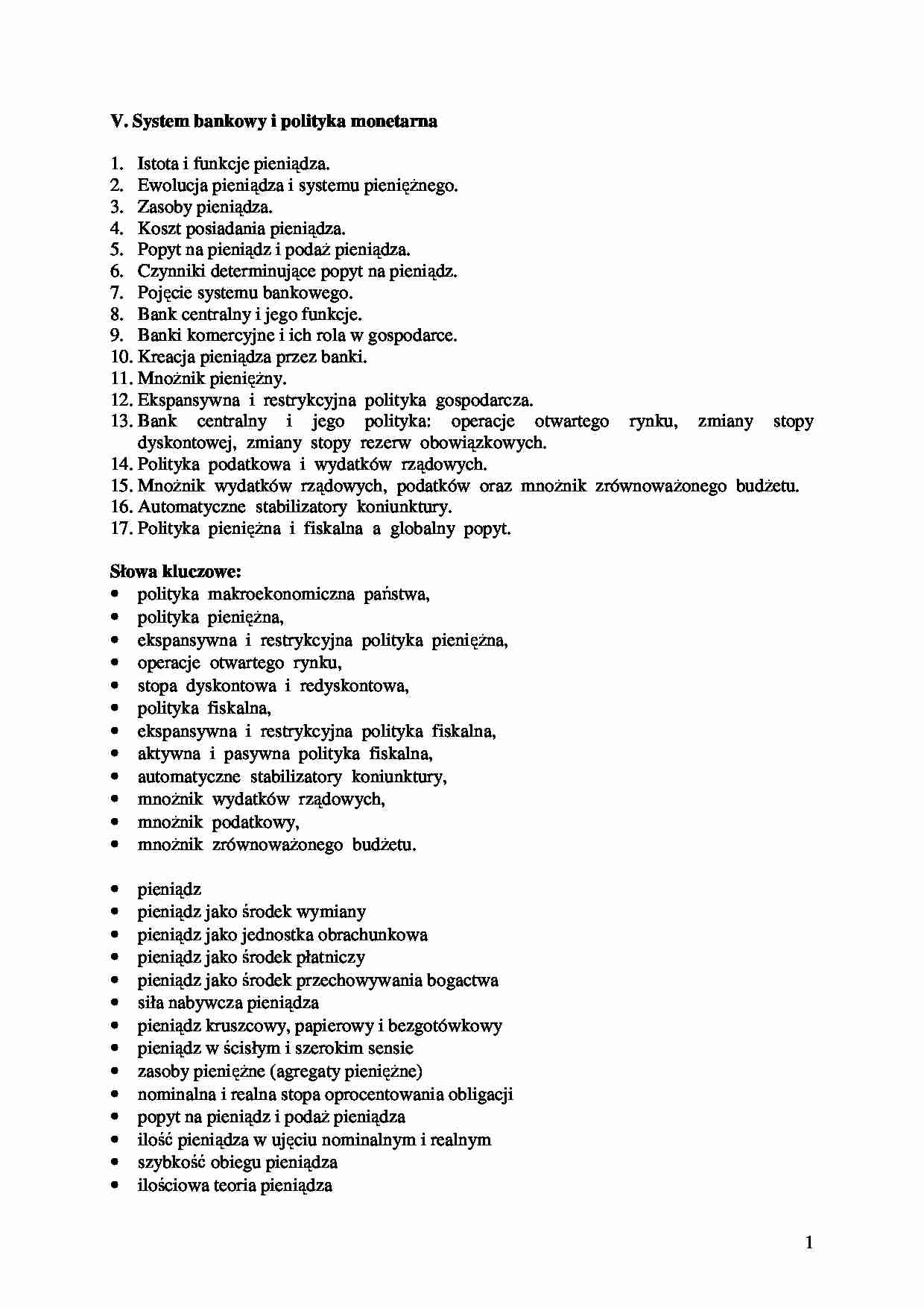 System bankowy i polityka monetarna - wykład - strona 1