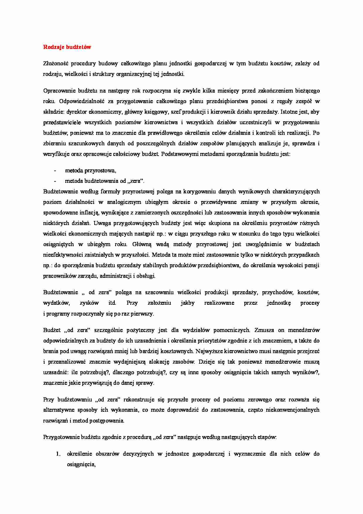 Rodzaje budżetów - opracowanie - strona 1
