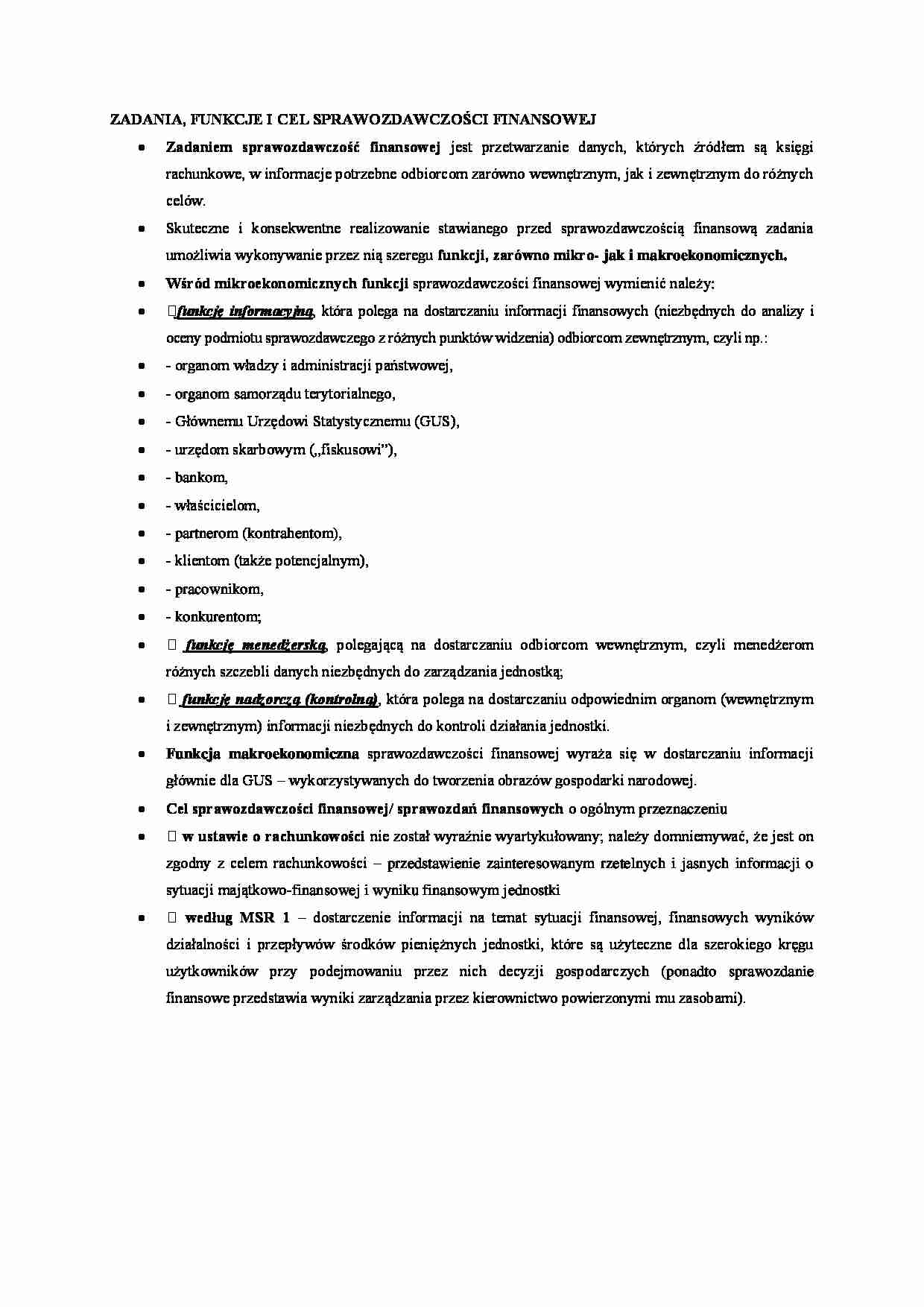 Zadania i funkcje sprawozdawczości finansowej - wykład - strona 1