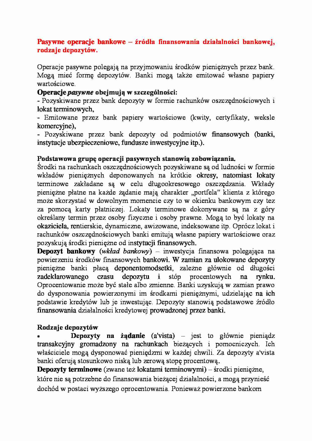 Pasywne operacje bankowe - wykład - strona 1