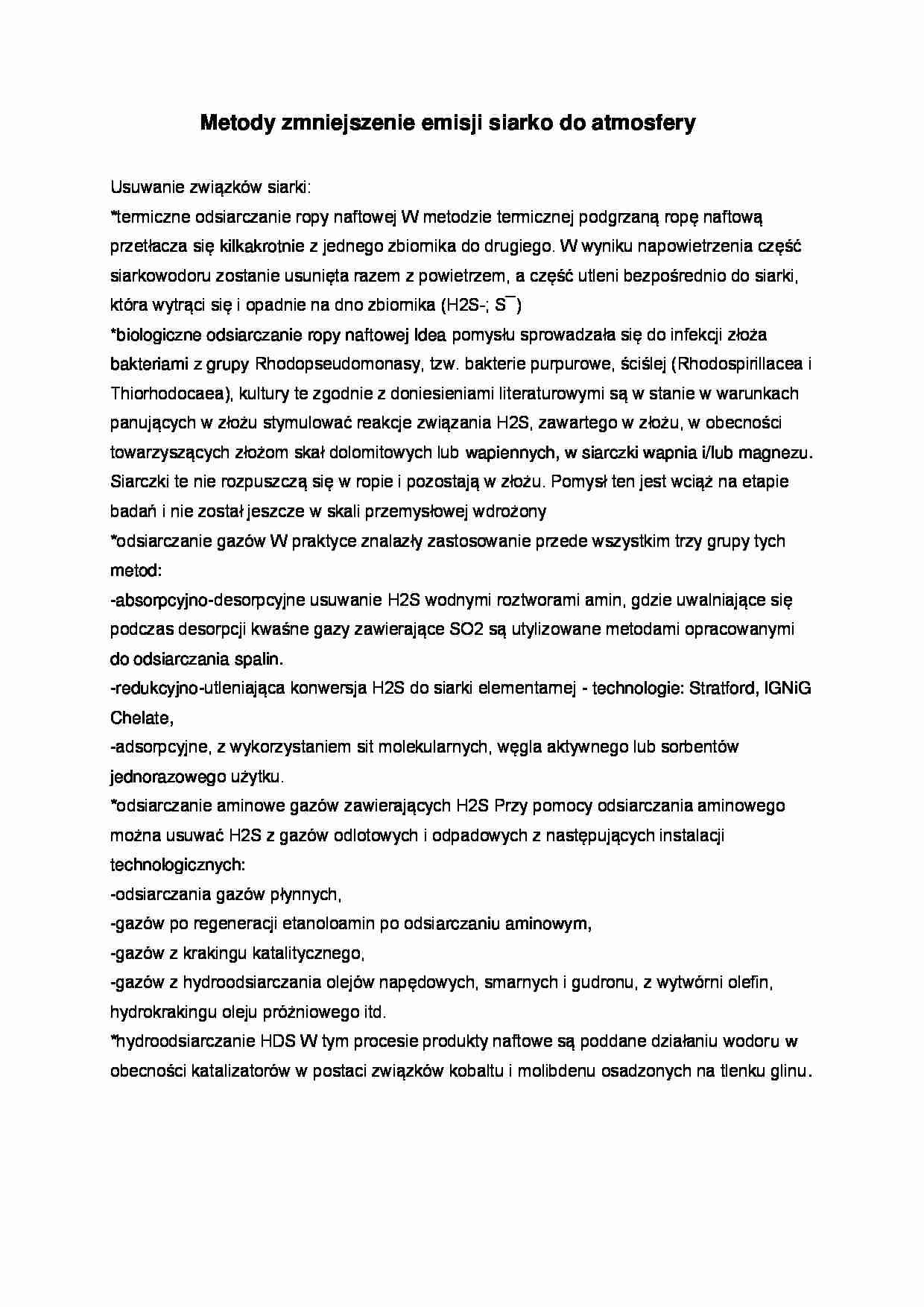 Metody zmniejszenie emisji siarki - wykład - strona 1
