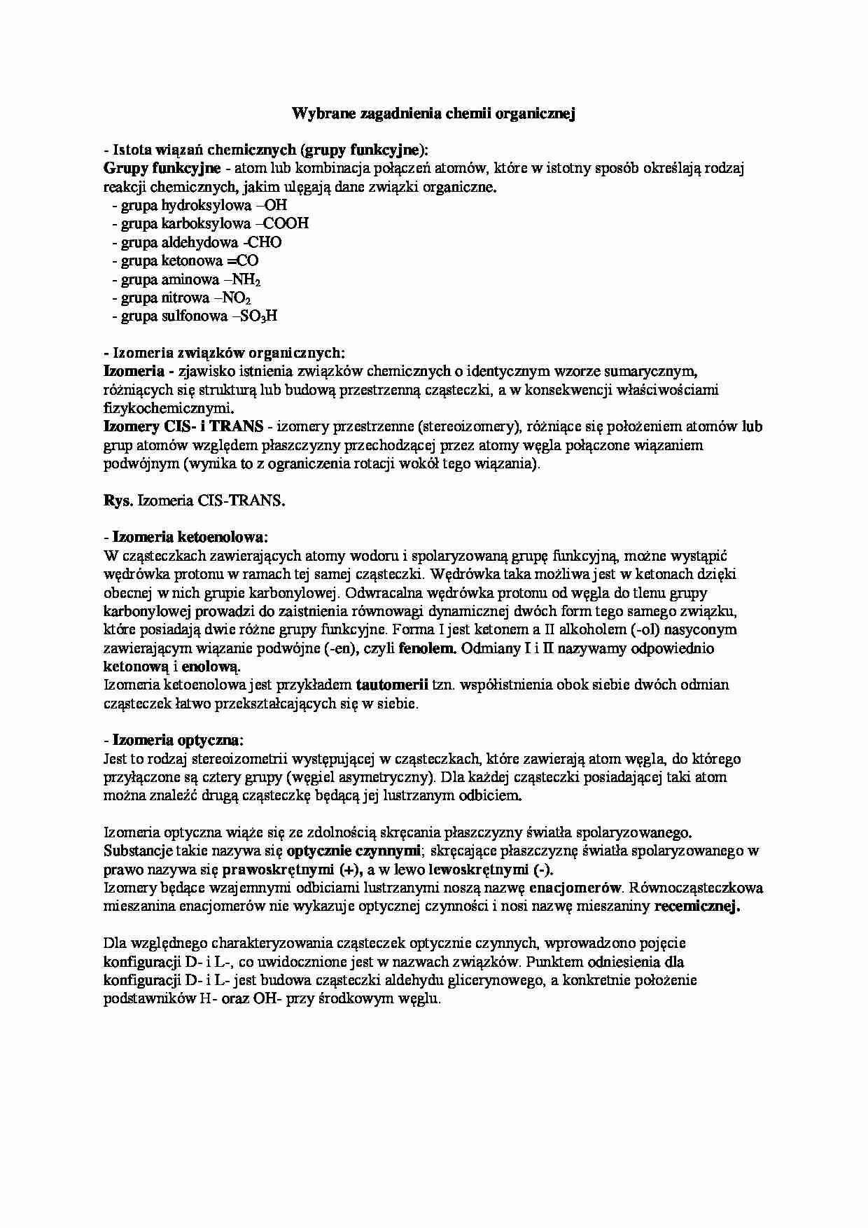 Wybrane zagadnienia chemii organicznej - opracowanie - strona 1
