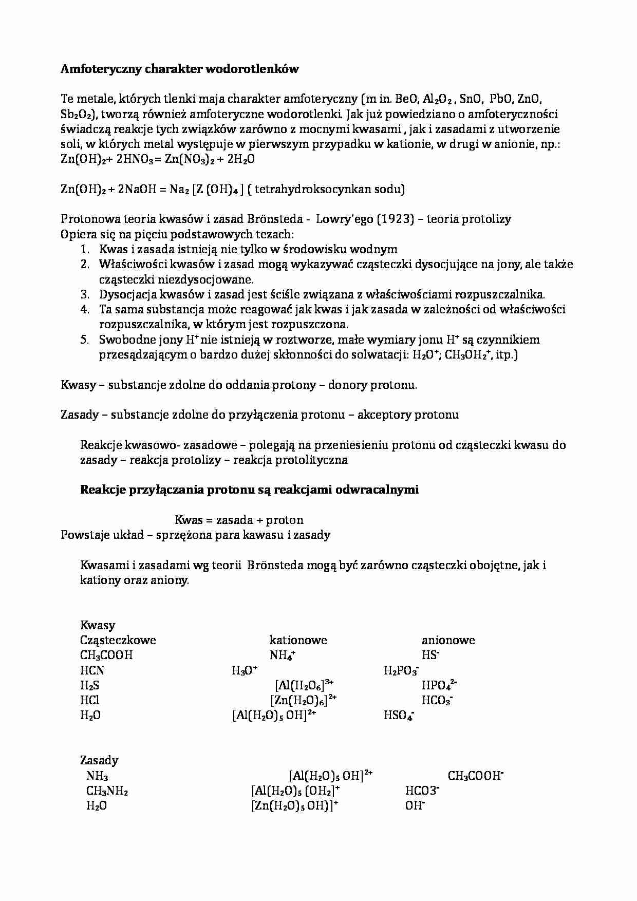 Amfoteryczny charakter wodorotlenków - wykład - strona 1