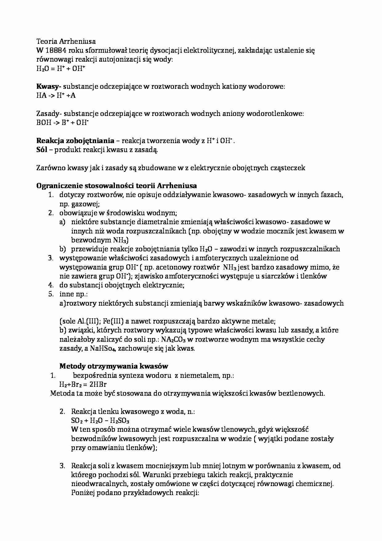 Otrzymywanie kwasów, teoria Arrheniusa - wykład - strona 1