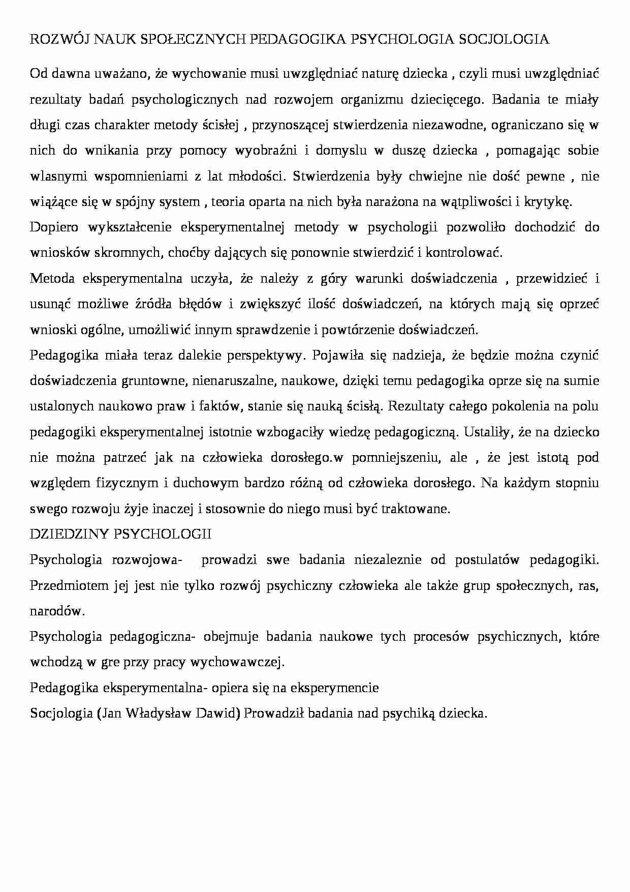 ROZWÓJ NAUK SPOŁECZNYCH PEDAGOGIKA PSYCHOLOGIA SOCJOLOGIA- pedagogika - strona 1
