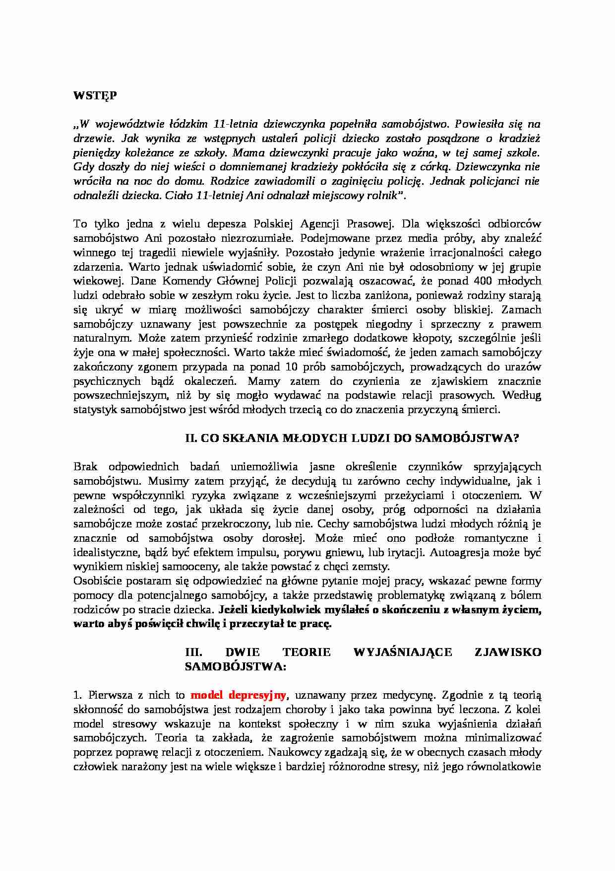 Co skłania młodych ludzi do samobójstwa? - praca - strona 1