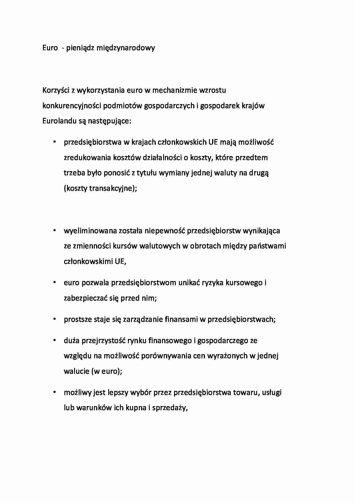 Euro  - pieniądz międzynarodowy - wykład - strona 1