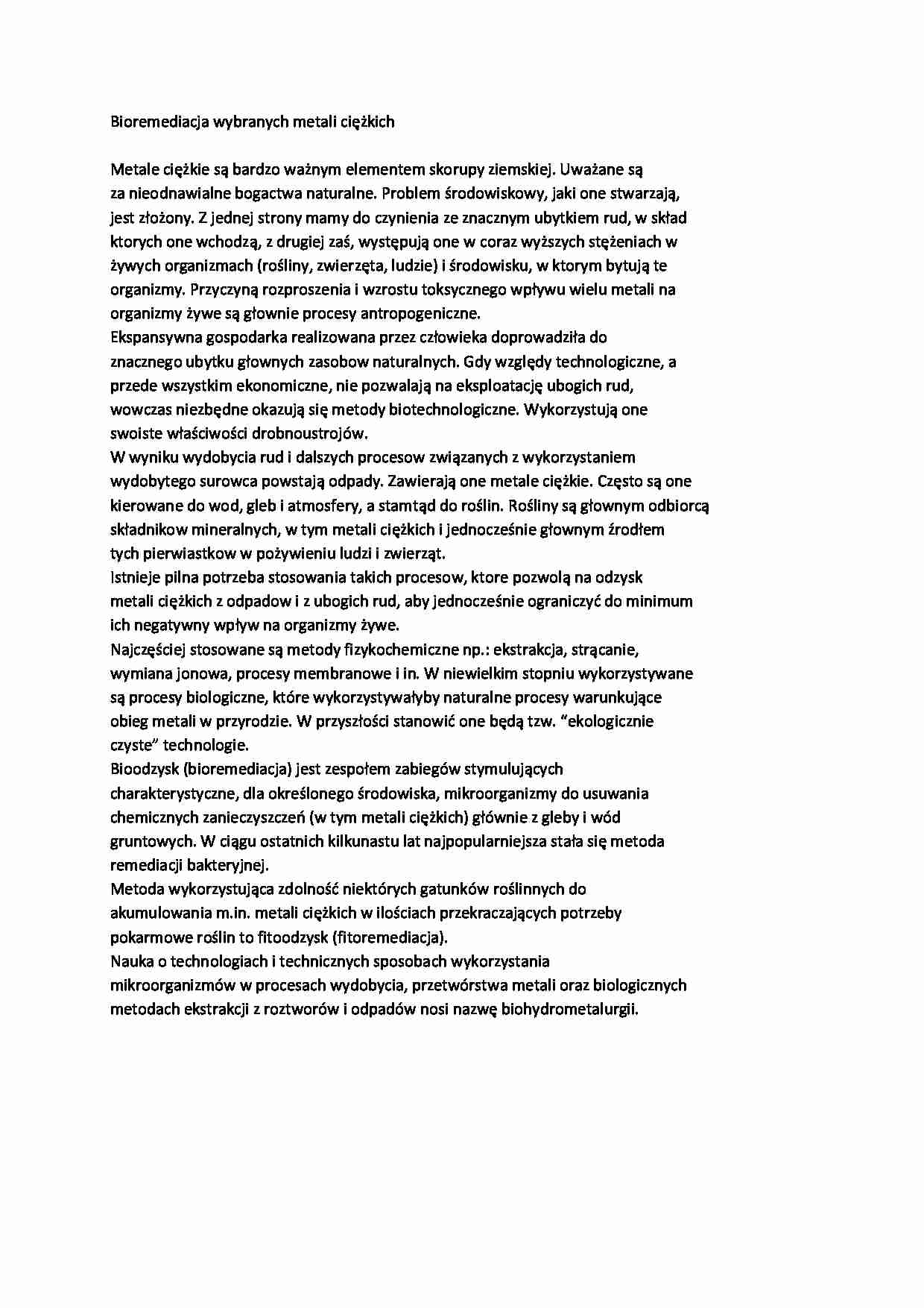 Bioremediacja wybranych metali ciężkich - wykład - strona 1