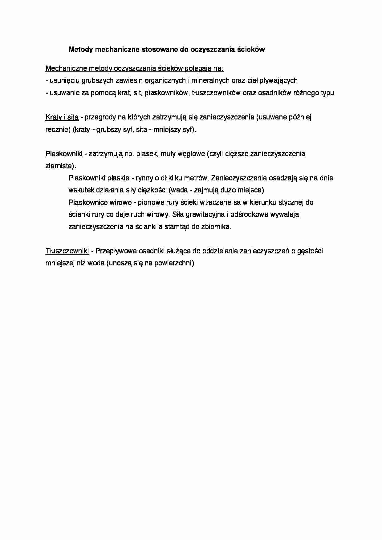 Metody mechaniczne oczyszczania ścieków - wykład - strona 1