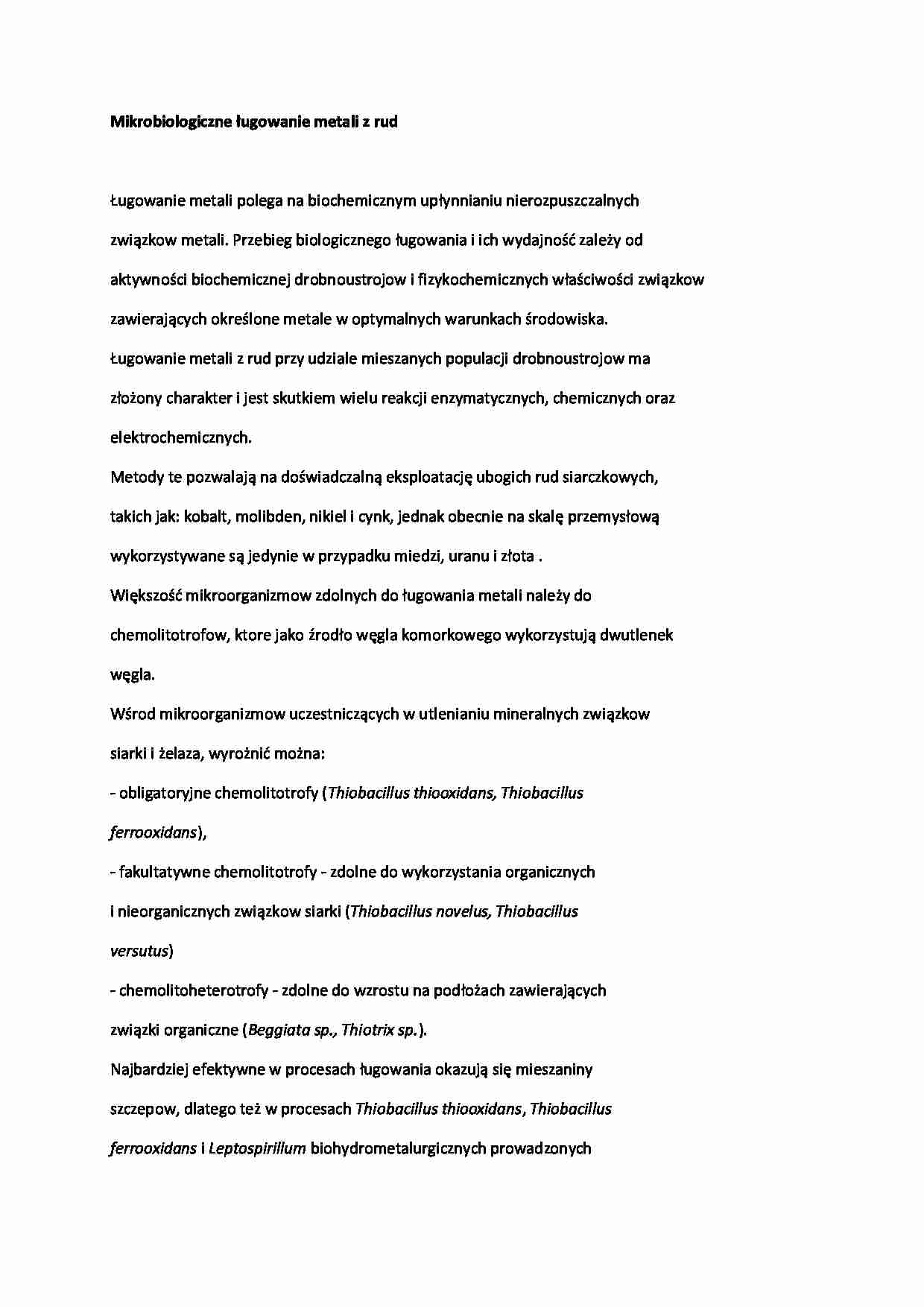 Mikrobiologiczne ługowanie metali z rud - wykład - strona 1