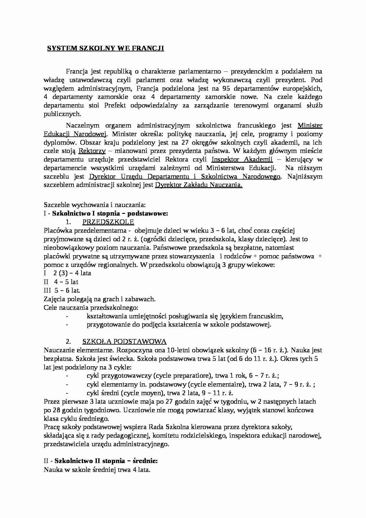 SYSTEM SZKOLNY WE FRANCJI- pedagogika - strona 1