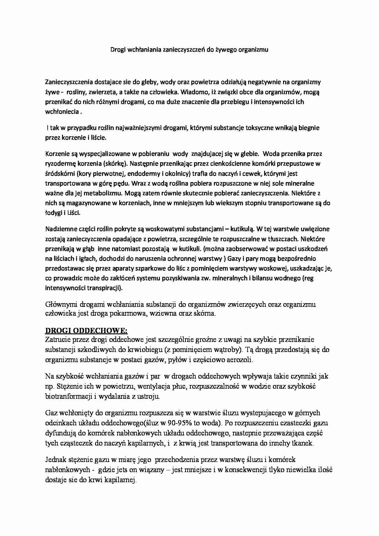 Drogi wchłaniania zanieczyszczeń do organizmu - wykład - strona 1
