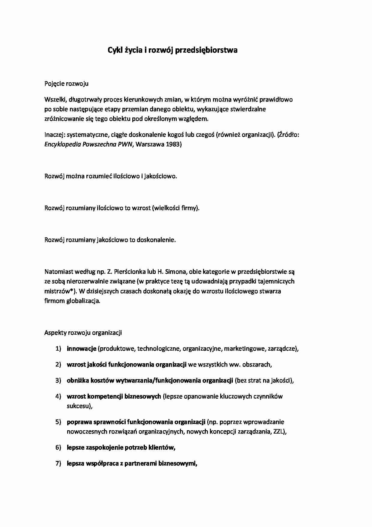 Cykl życia i rozwój przedsiębiorstwa - wykład - strona 1