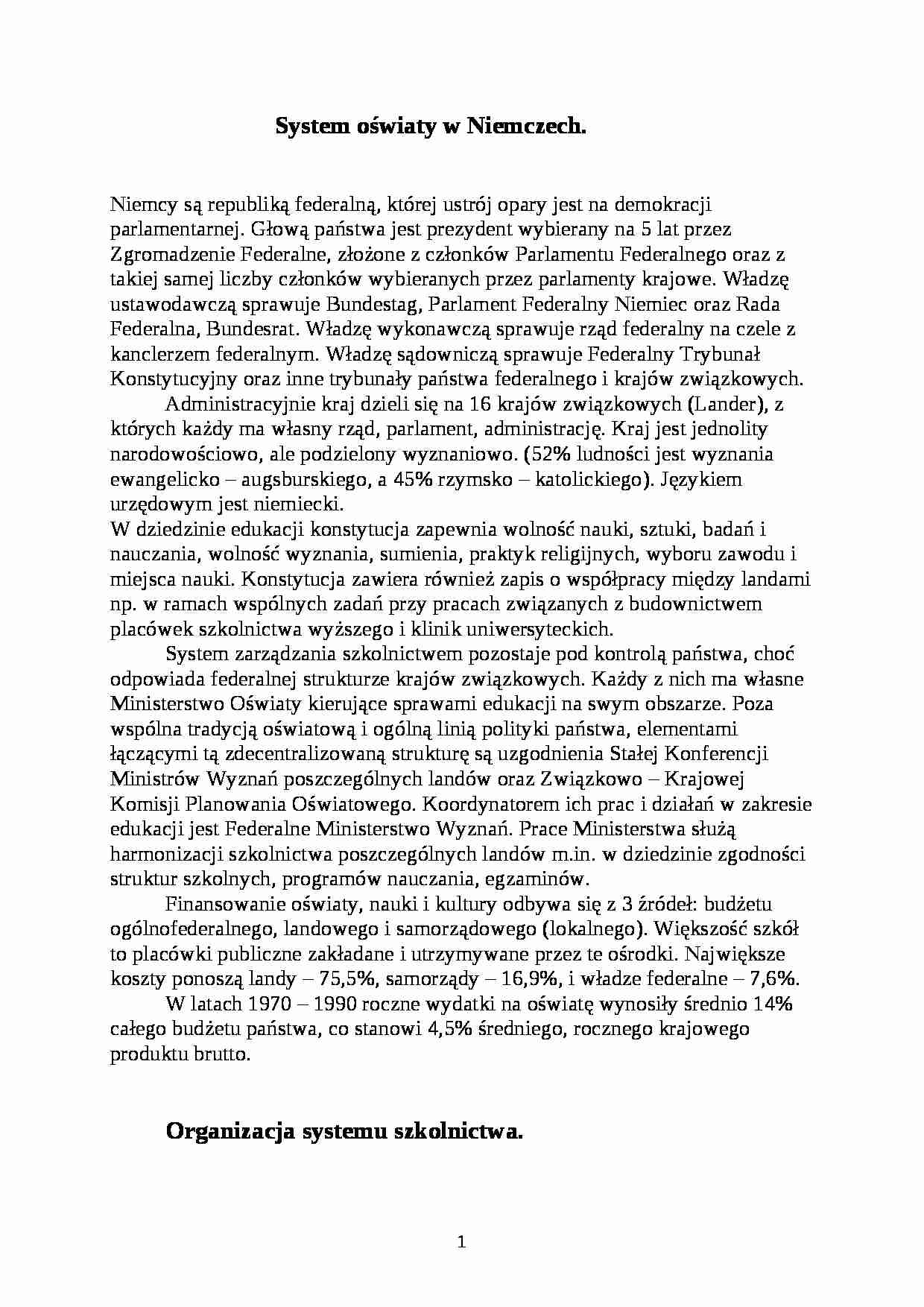 System oświaty w Niemczech- pedagogika - strona 1