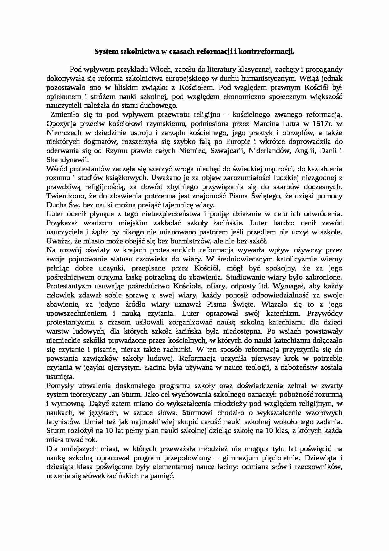System szkolnictwa w czasach reformacji i kontrreformacji- pedagogika - strona 1
