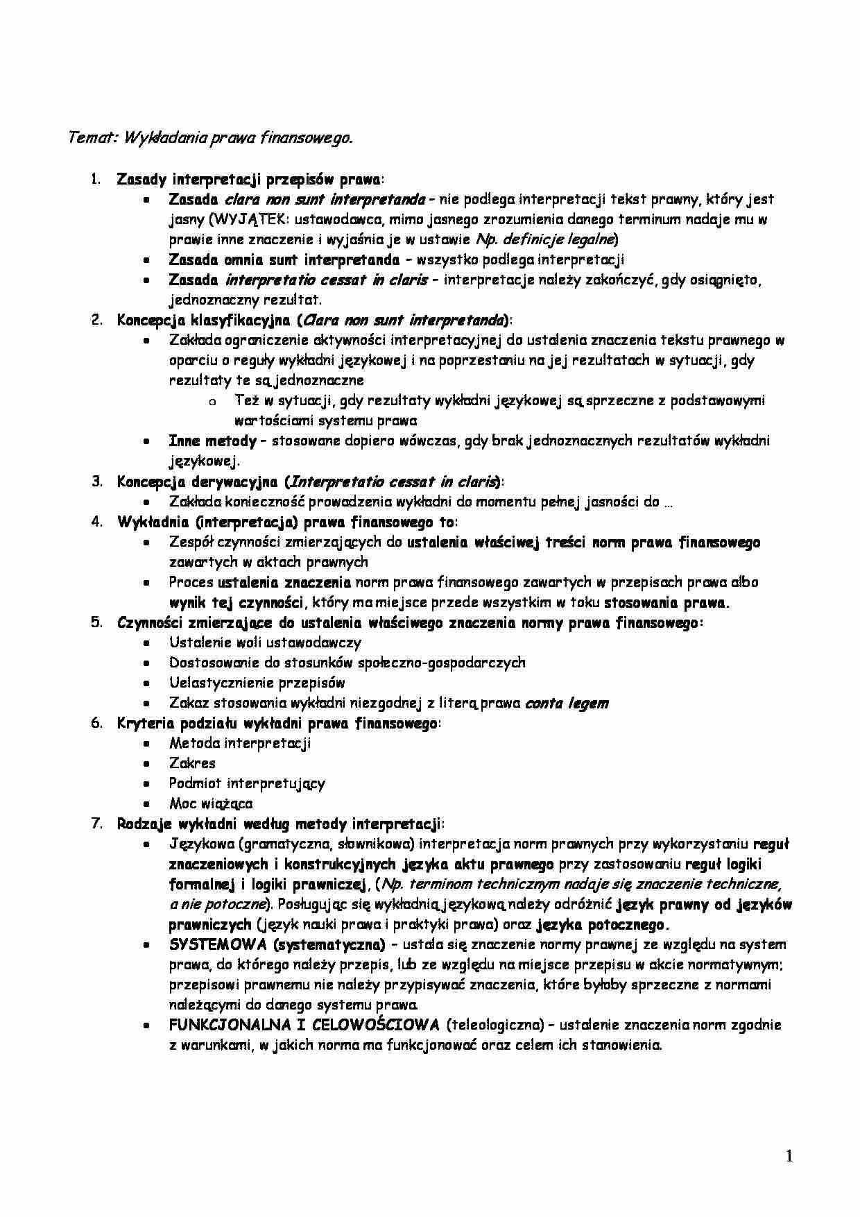 Wykładania prawa finansowego -opracowanie - strona 1