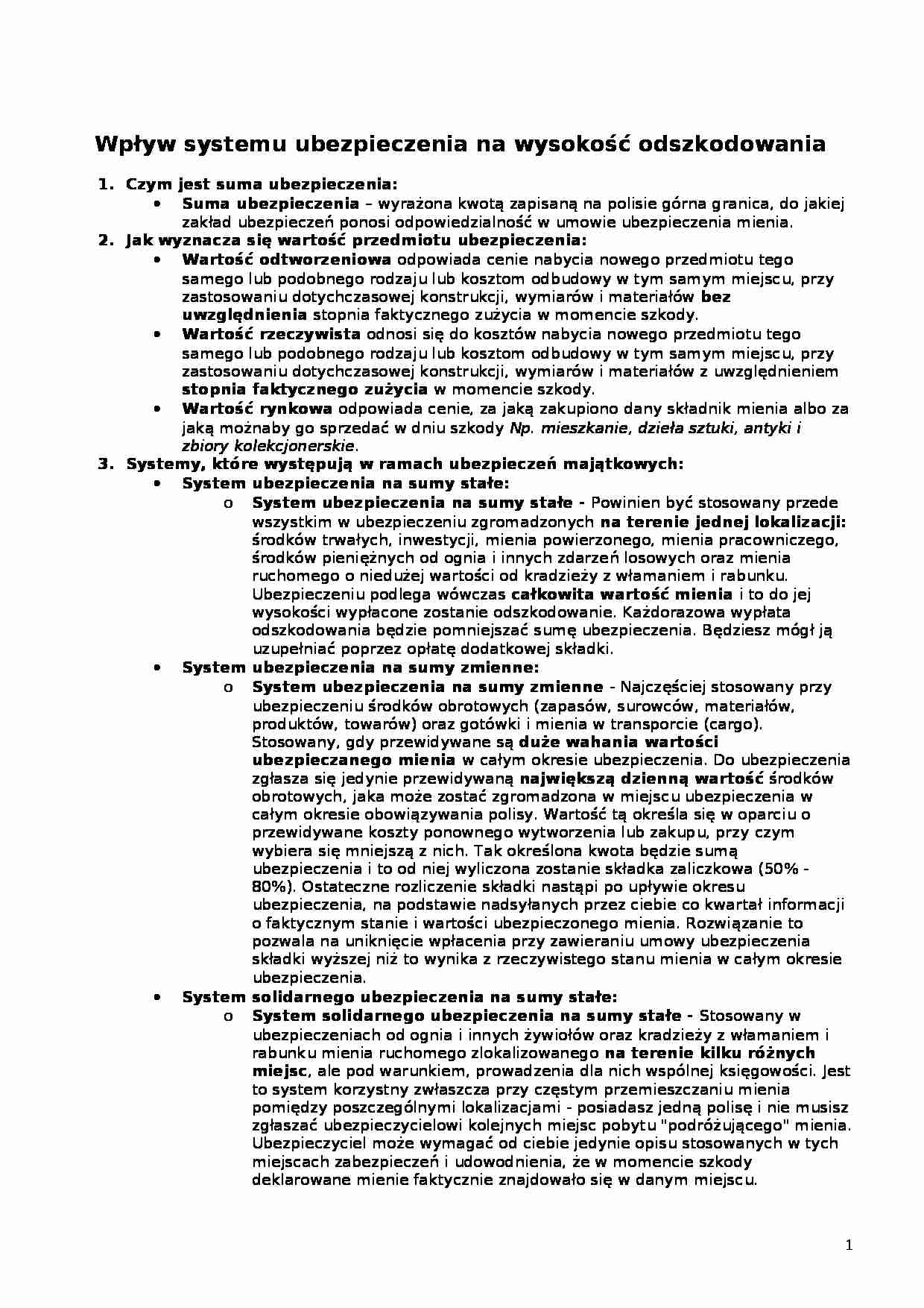 Wpływ systemu ubezpieczenia na wysokość odszkodowania -opracowanie - strona 1